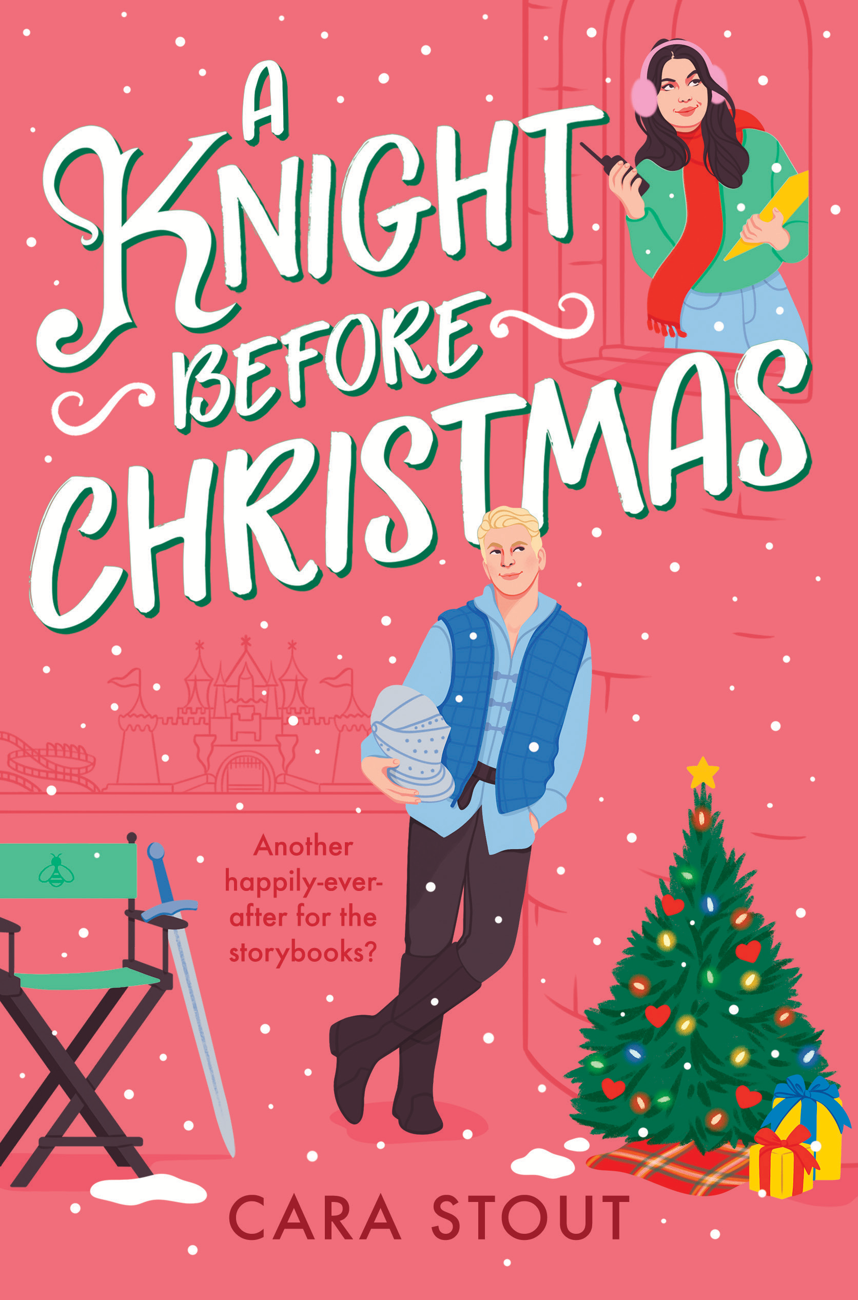 a book cover with a blonde boy leaning against a tower and a brunette girl in the tower holding a walkie talkie. The cover is pink with the text "a knight before christmas by cara stout"