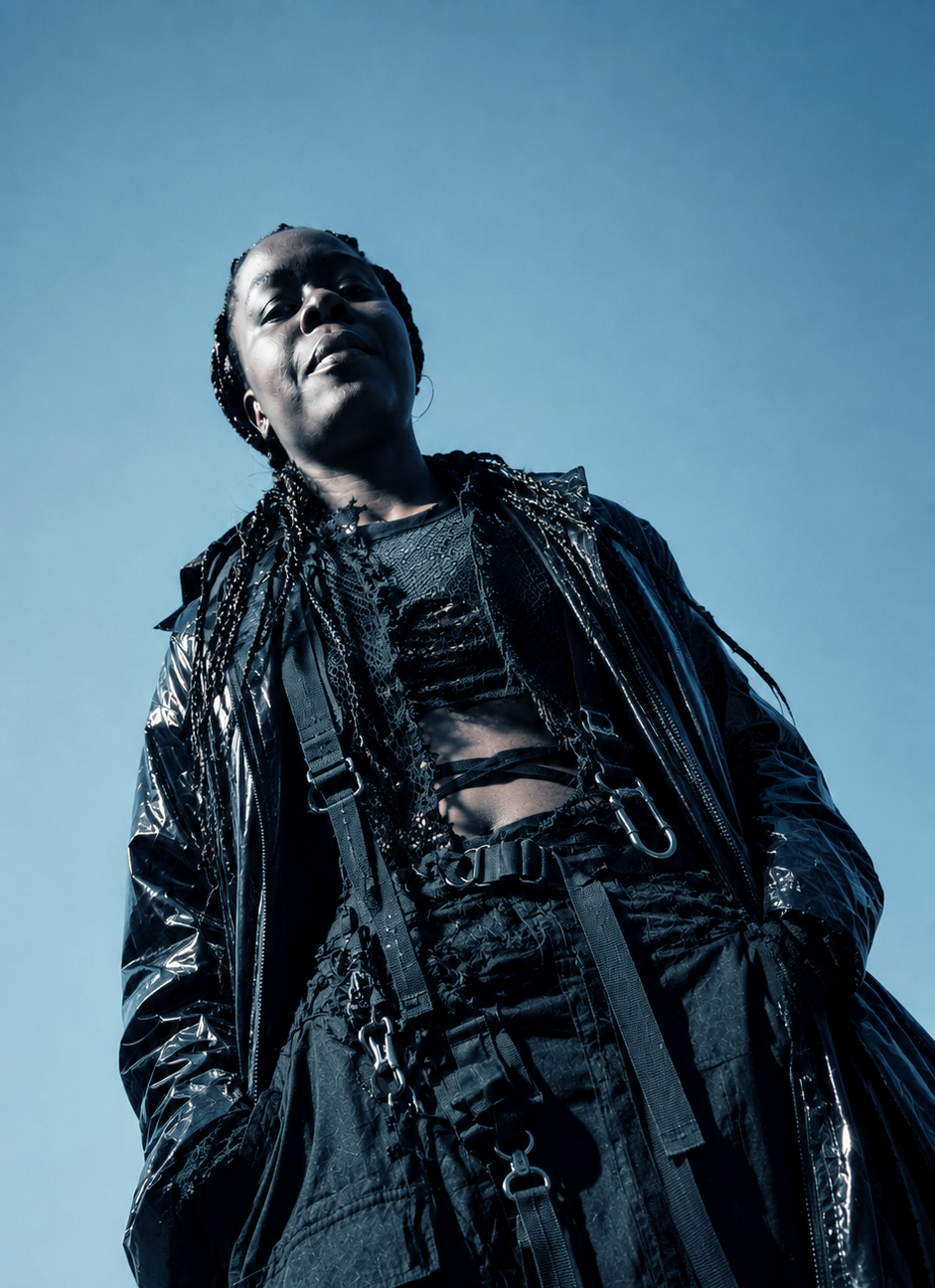 Low-angle portrait of a braided model wearing a glossy black coat over distressed layers with straps and metal buckles against a blue sky.