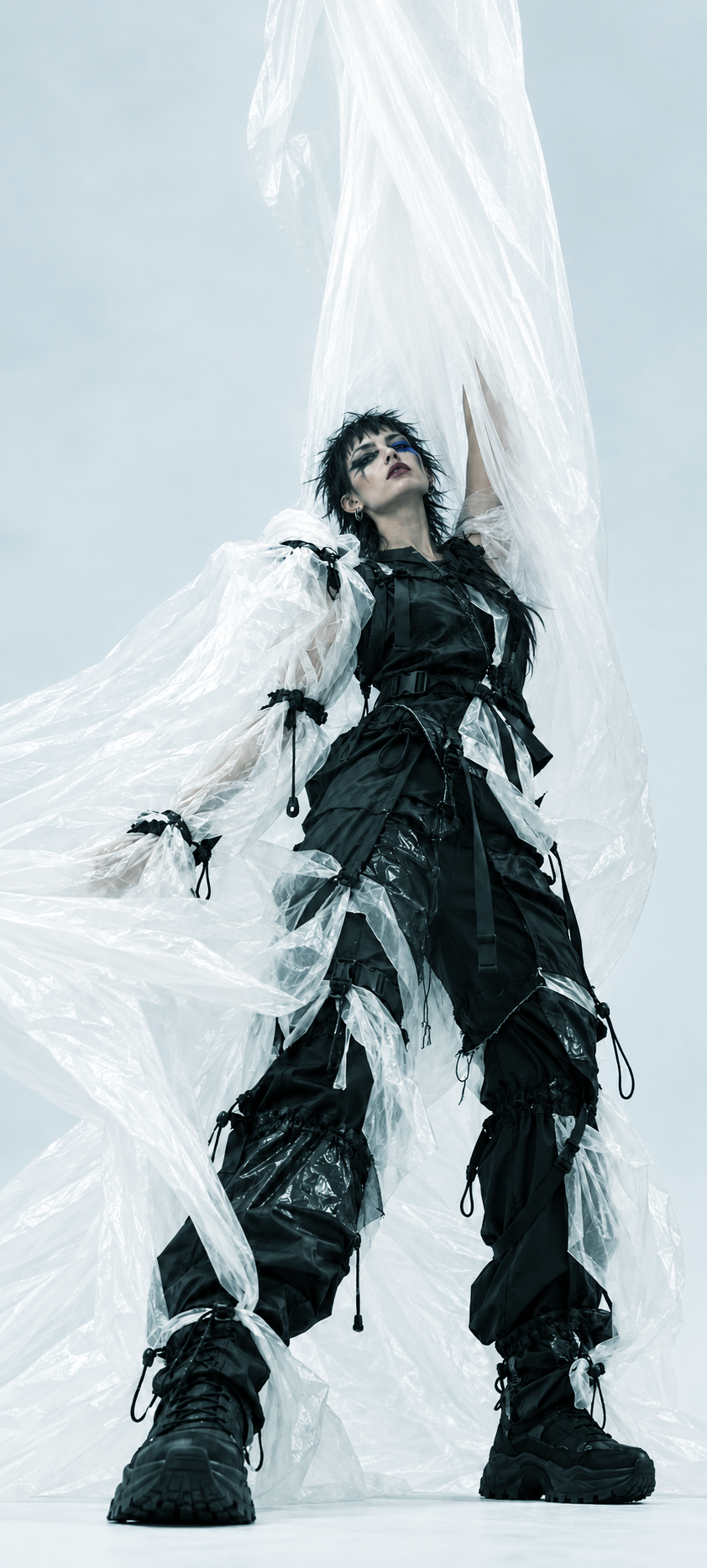 A model in a black outfit poses among billowing sheets of transparent plastic against a pale background.