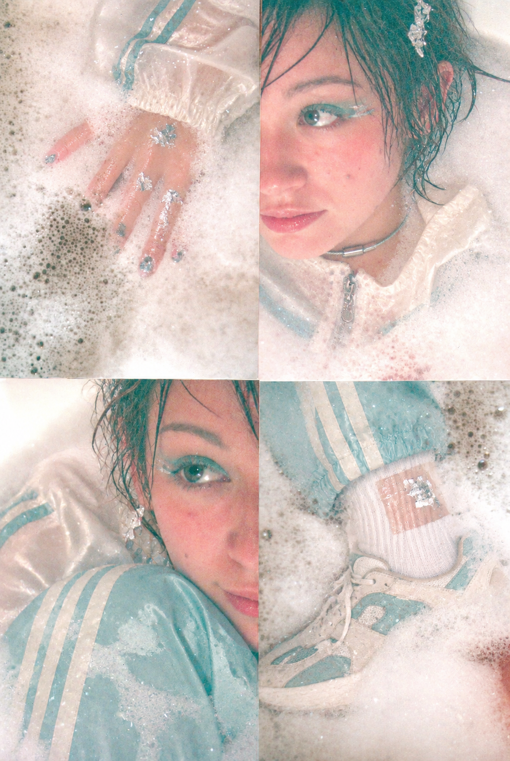 Four-panel fashion portrait of a model in pale blue sportswear surrounded by bath foam, showing close-ups of her face, hand and trainer.
