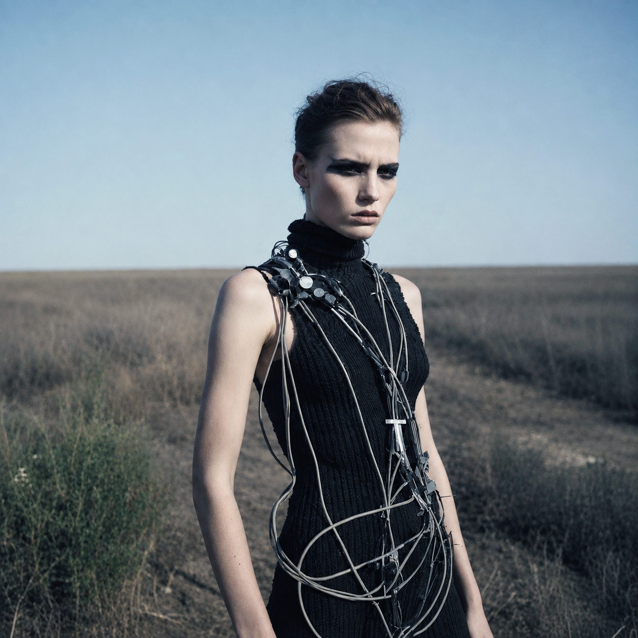 Model with angular black eye makeup wearing a sleeveless black knitted dress draped with cables and metal components in an open field.