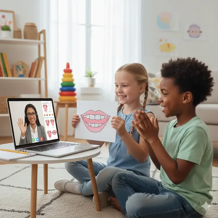 Two children, a girl and a boy, smiling and clapping while playing a tooth identification game during a video call with a dentist on a laptop. The girl is holding a drawing of a smiling mouth.