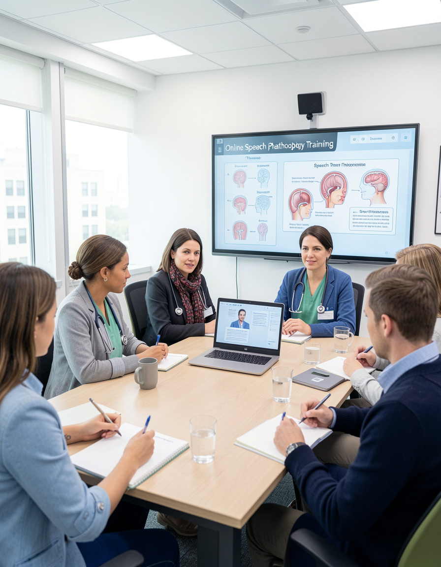 Medical professionals in a meeting room attending an online speech pathology training session, with a large screen displaying anatomy diagrams of the brain and speech organs.