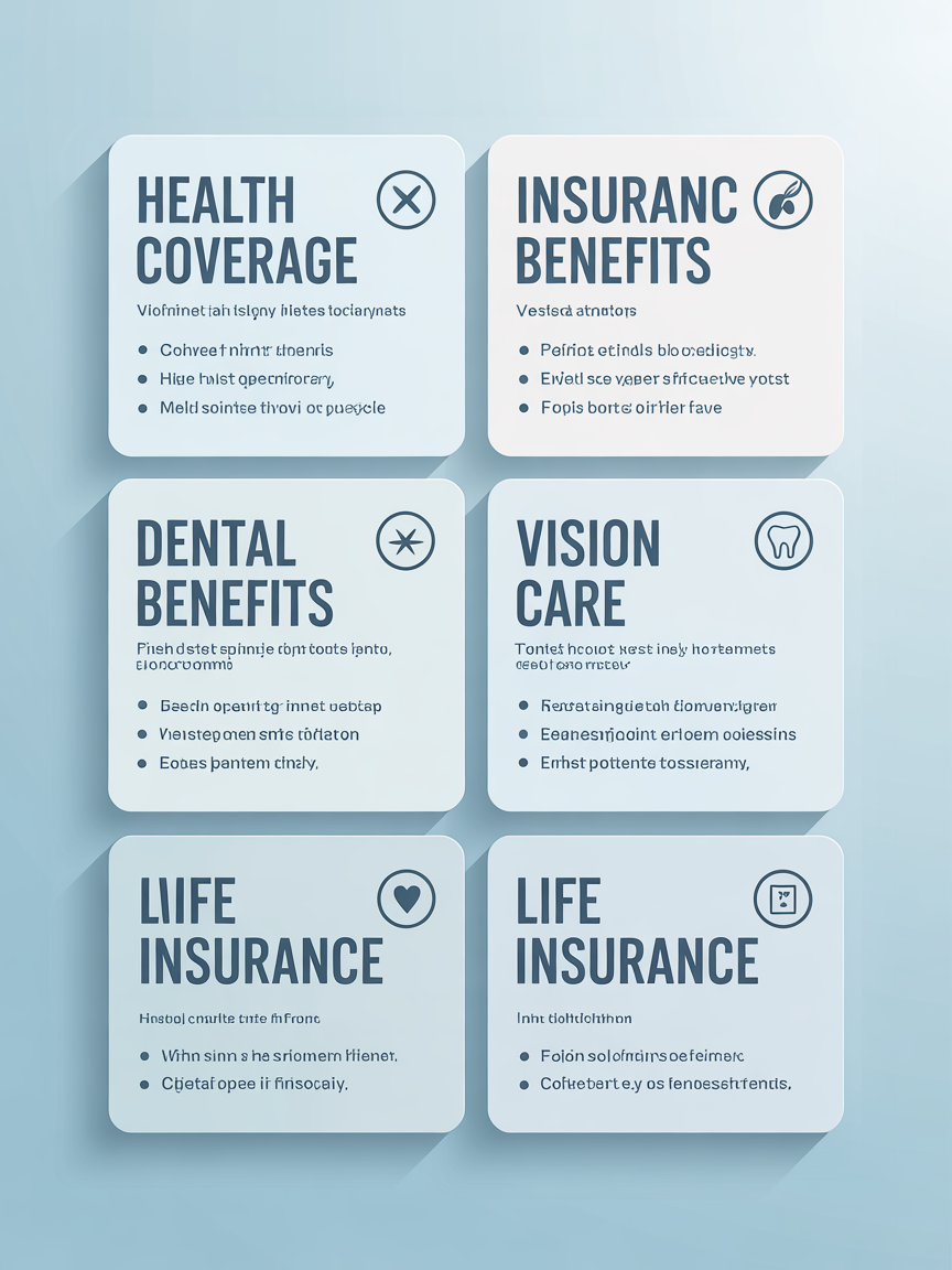 A digital infographic with six rounded square sections, each containing text about different health-related topics: Health Coverage, Insurance Benefits, Dental Benefits, Vision Care, Life Insurance (two sections). Each section has a title, a small icon, and placeholder text.