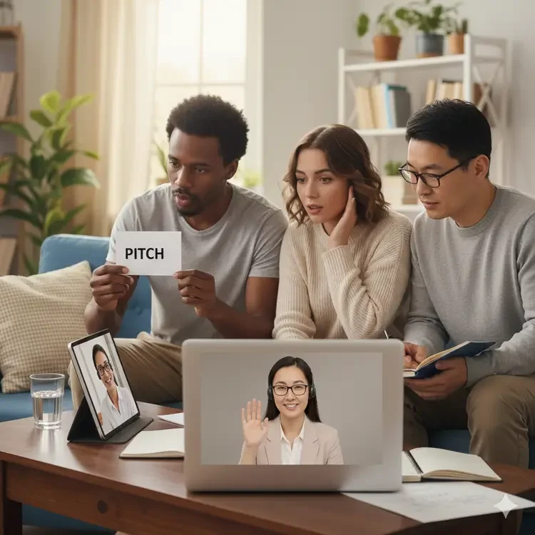 Three people in a living room participating in a virtual pitch presentation; one person holds a paper labeled "PITCH," while another is listening attentively; a laptop shows a woman waving during the video call; a framed photo of a woman and a glass of water are on the table.