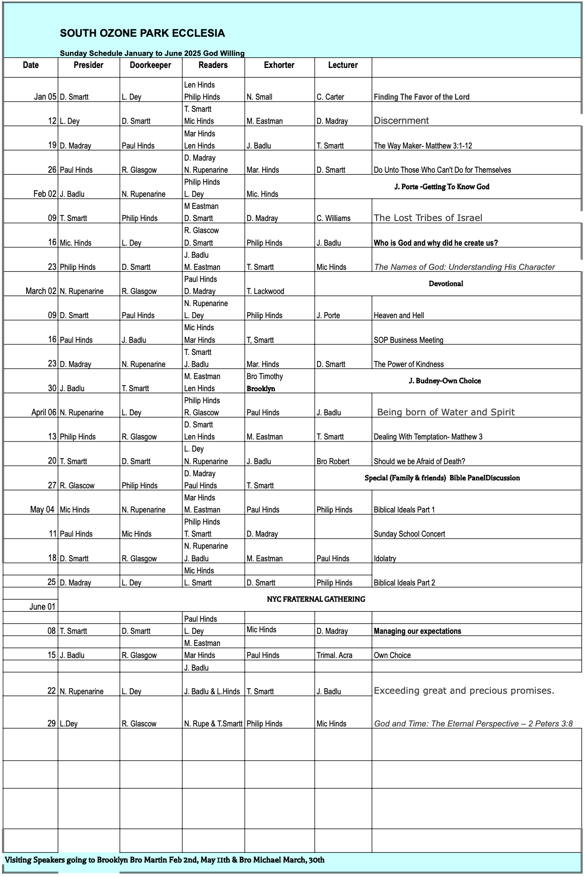 Memorial Service Schedule