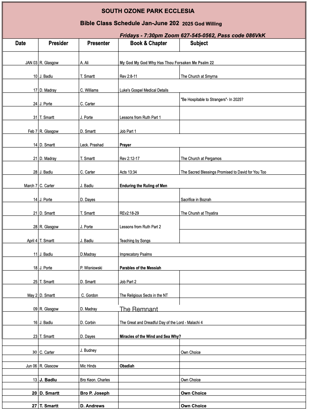Bible Class Schedule