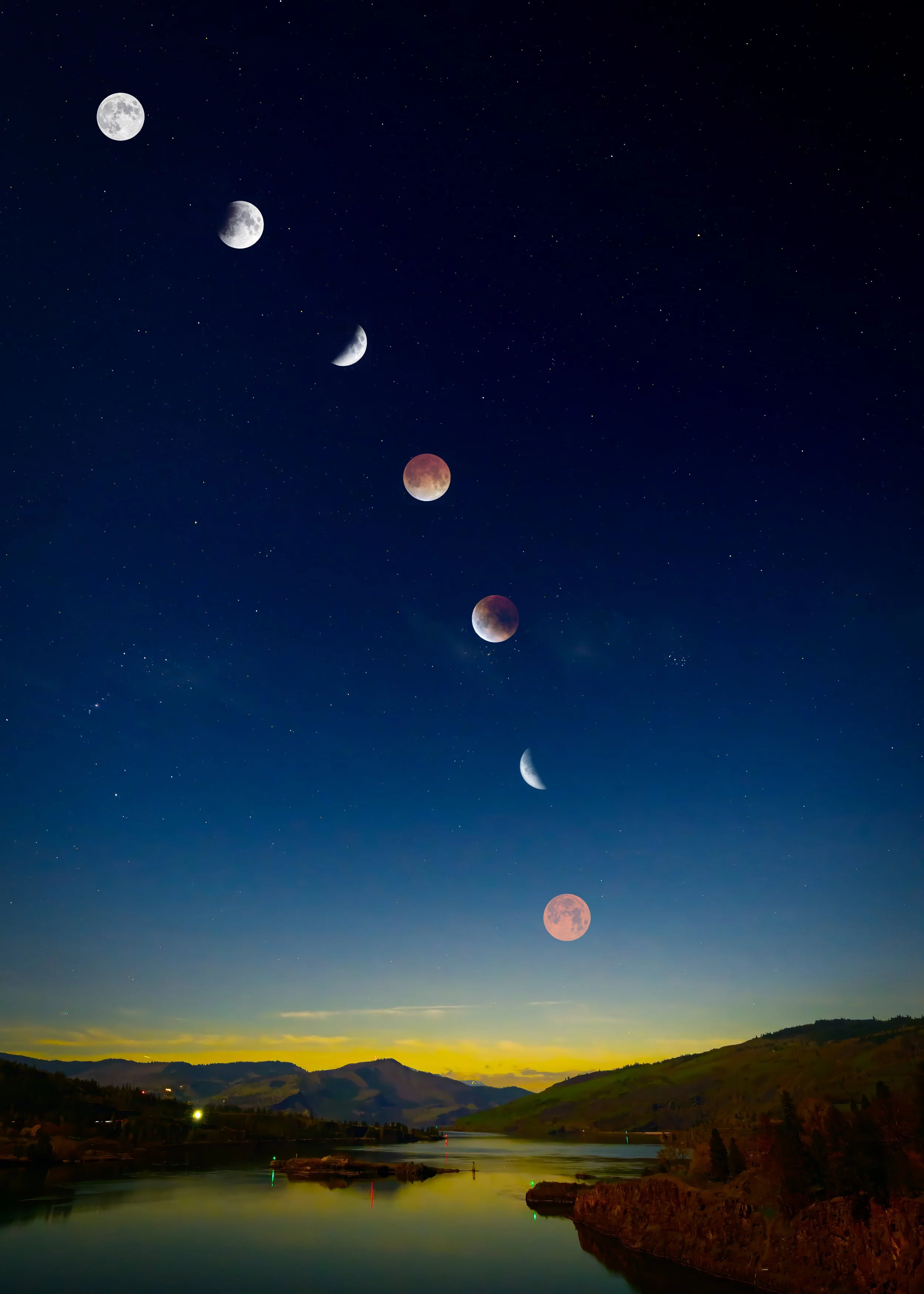 Composite image of the total lunar eclipse on March 2, 2026, as seen from near Lyle, Washington. View is westward along the Columbia River.