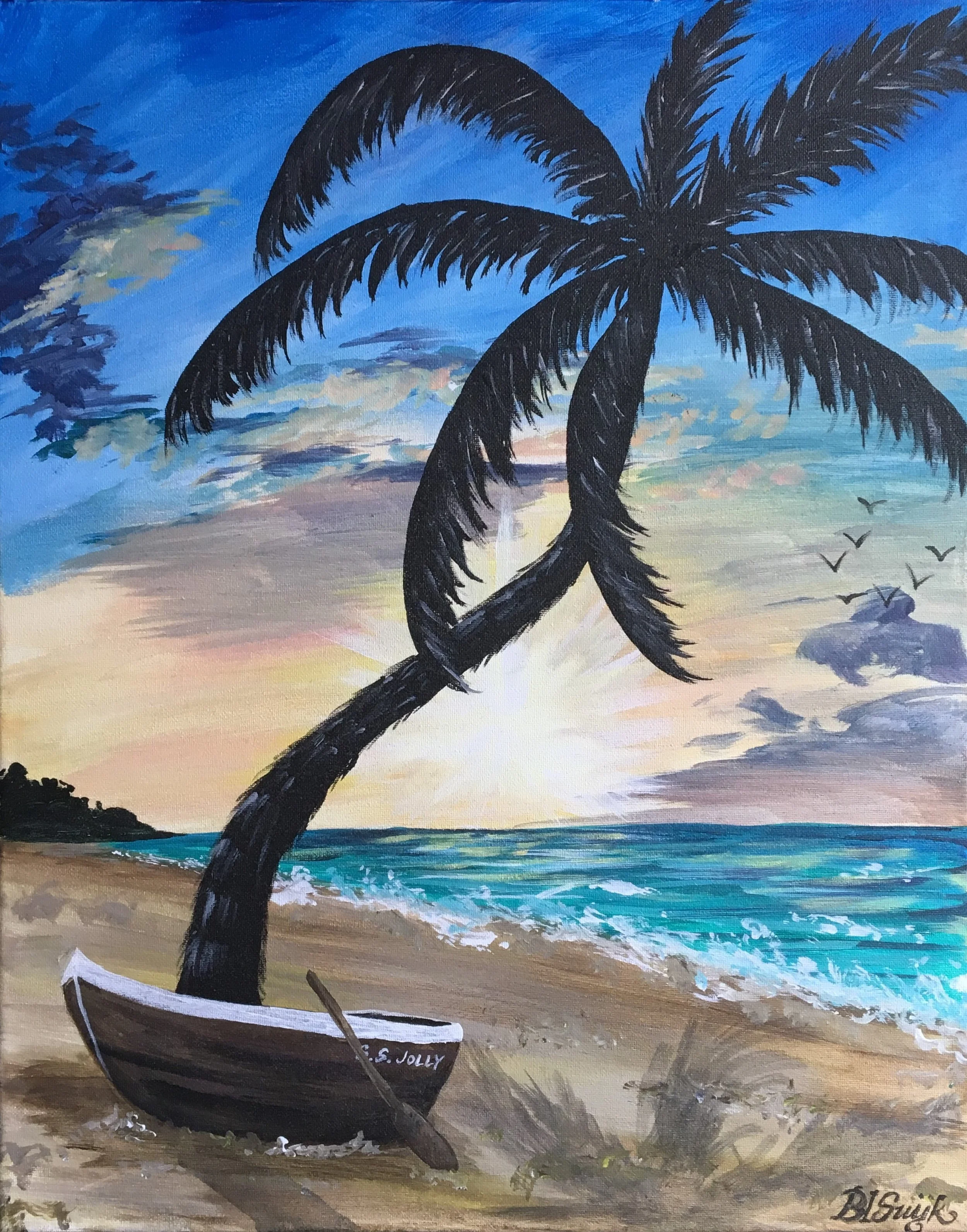 "Beach and the Boat Sunrise" (16" x 20", acrylic on canvas). July 2016.