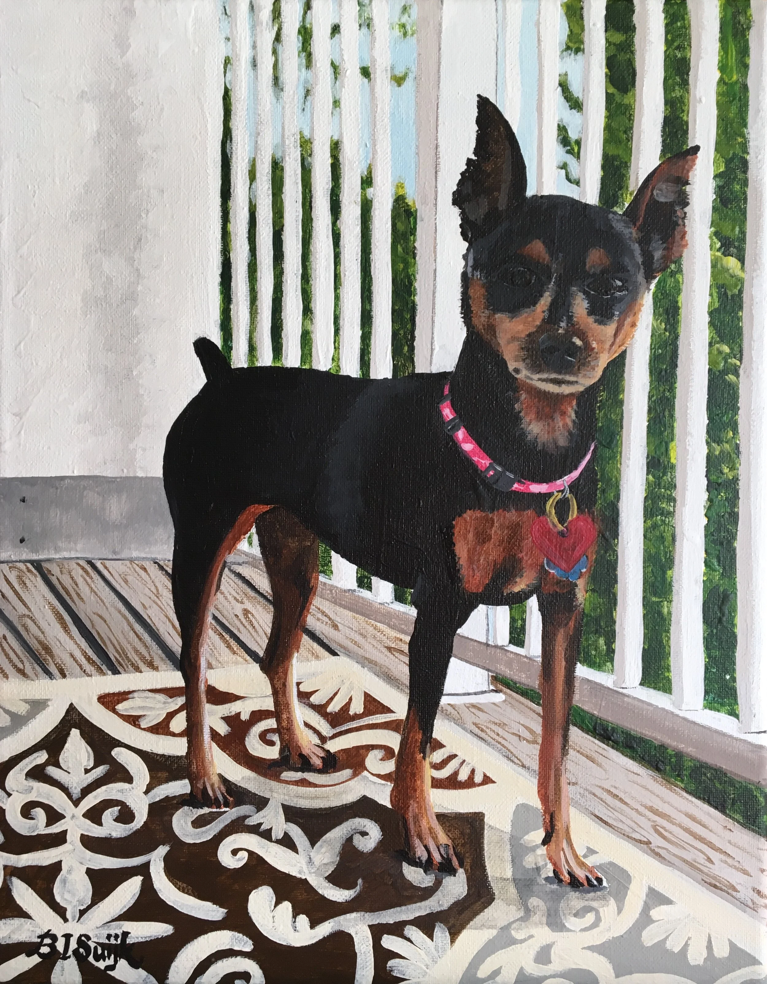 "Pixie the MinPin" (11" x 14", acrylic on canvas). June 2019.