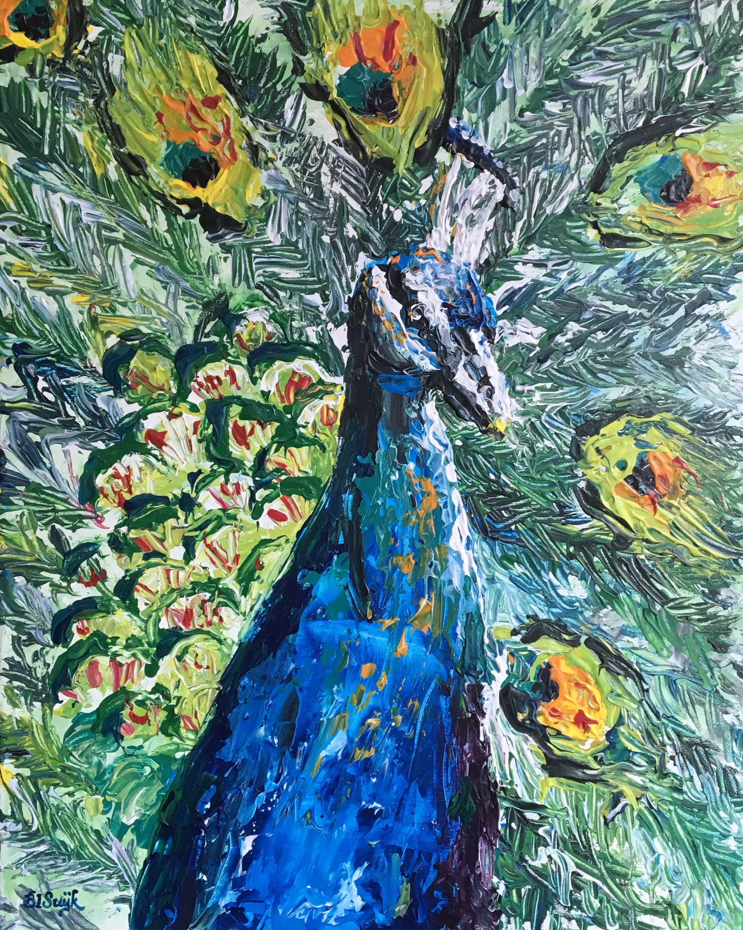 "Peacock" (16" x 20", palette knife acrylic on canvas). April 2016.