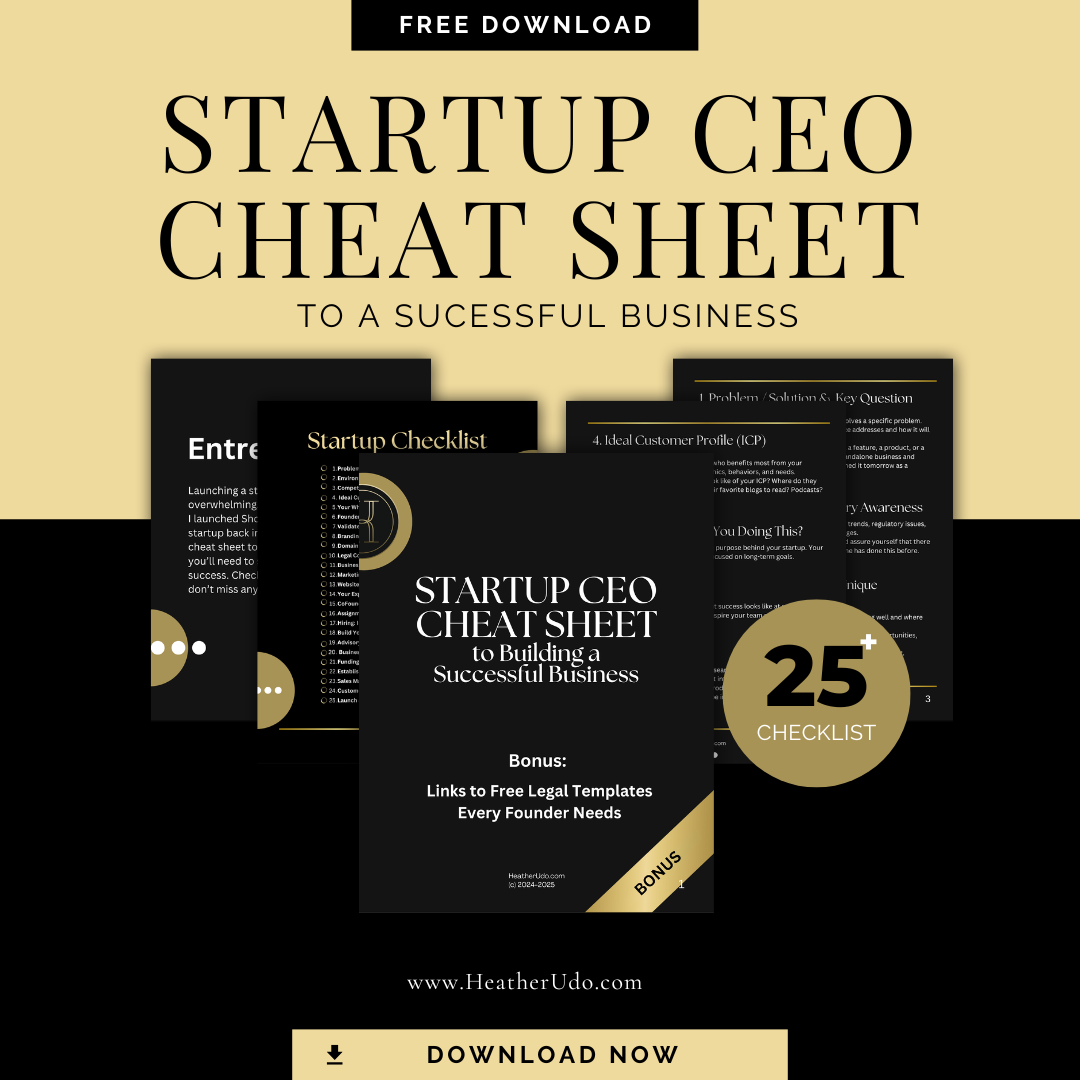 Multiple pages of a startup CEO cheat sheet e-book or guide, titled 'Startup CEO Cheat Sheet to Building a Successful Business,' featuring a checklist, bonus links to legal templates, and a download button.