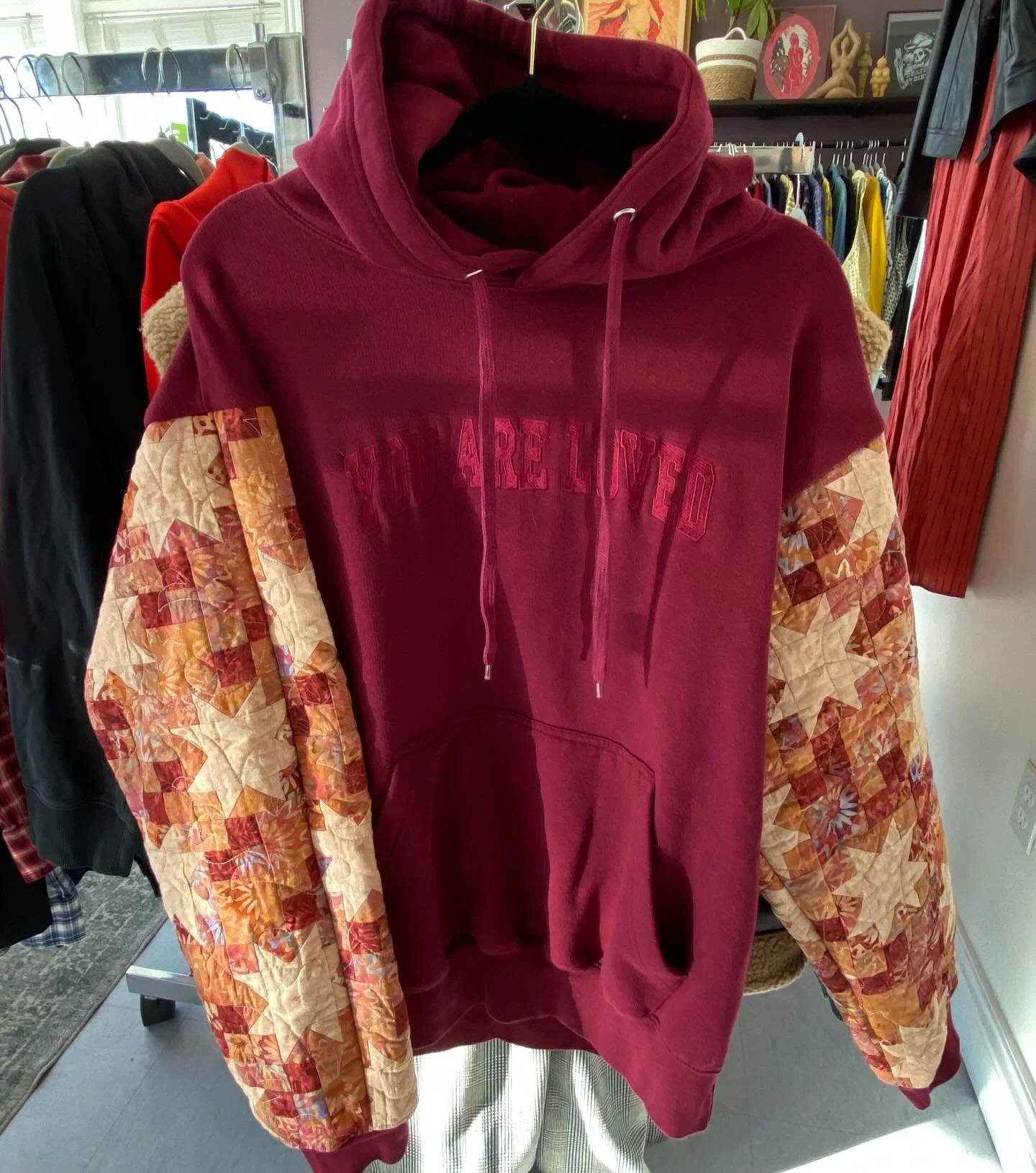 Looking for a one of a kind, amazing, locally made, quilted piece?? Yes we have some beauties in stock from REB Cat @cre8tive_s0ul ✨Brand new and available today is the You Are Loved hoodie&hearts;️Stop by and get one today we&rsquo;re open 11-3! DM 