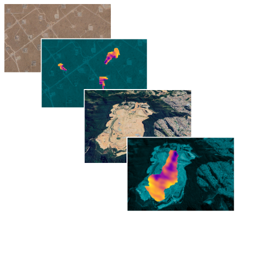 Cuatro mapas que muestran diferentes datos geoespaciales, incluyendo topografía y análisis de elevación.