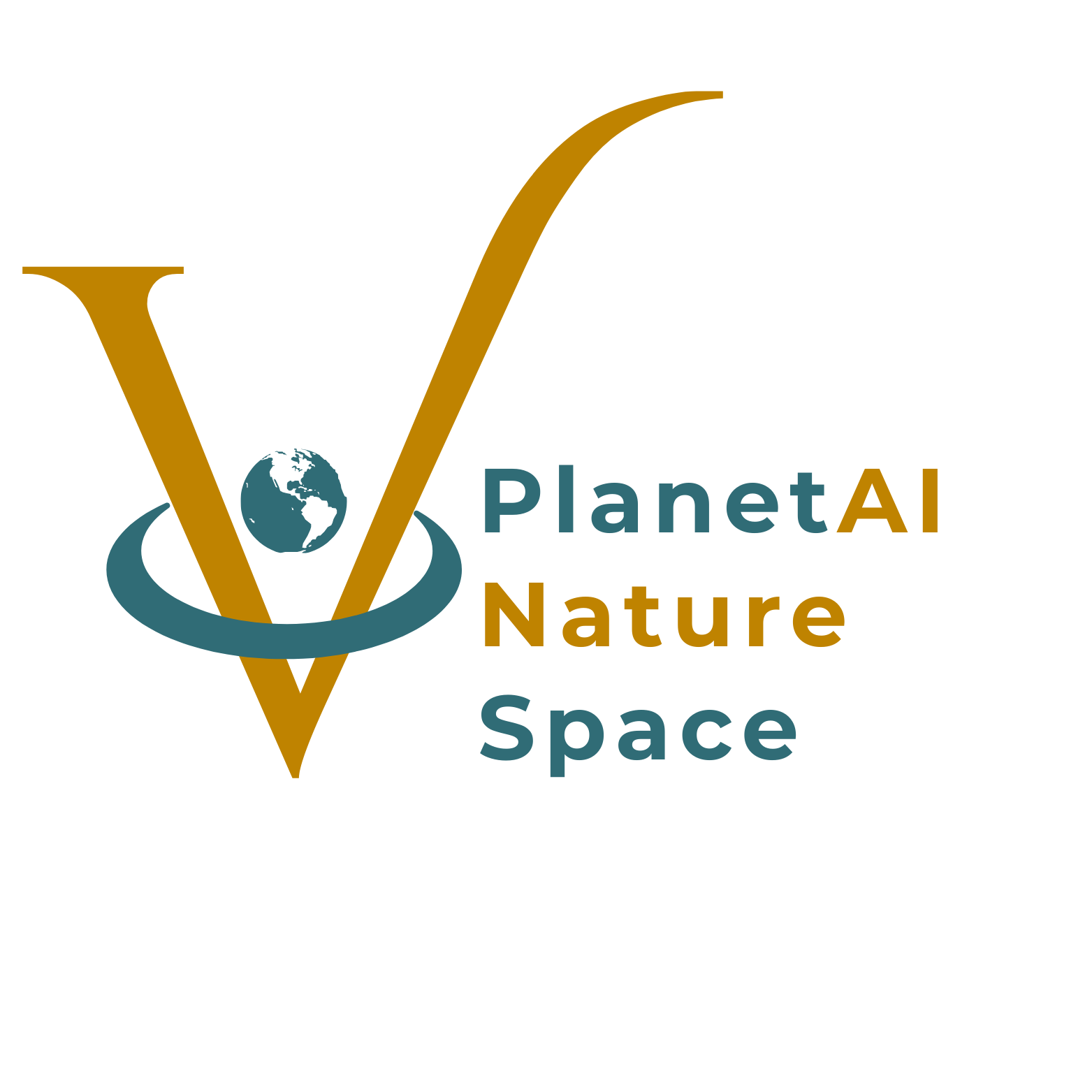 Logotipo que combina un diseño de la letra V, un planeta Tierra y un anillo orbital, con las palabras 'V PlanetAI Nature Space' en diferentes colores y tamaños.