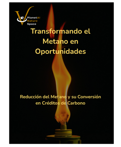 Encendido de una vela con llama larga, fondo negro, texto en español sobre la transformación del metano en oportunidades y reducción de carbono.