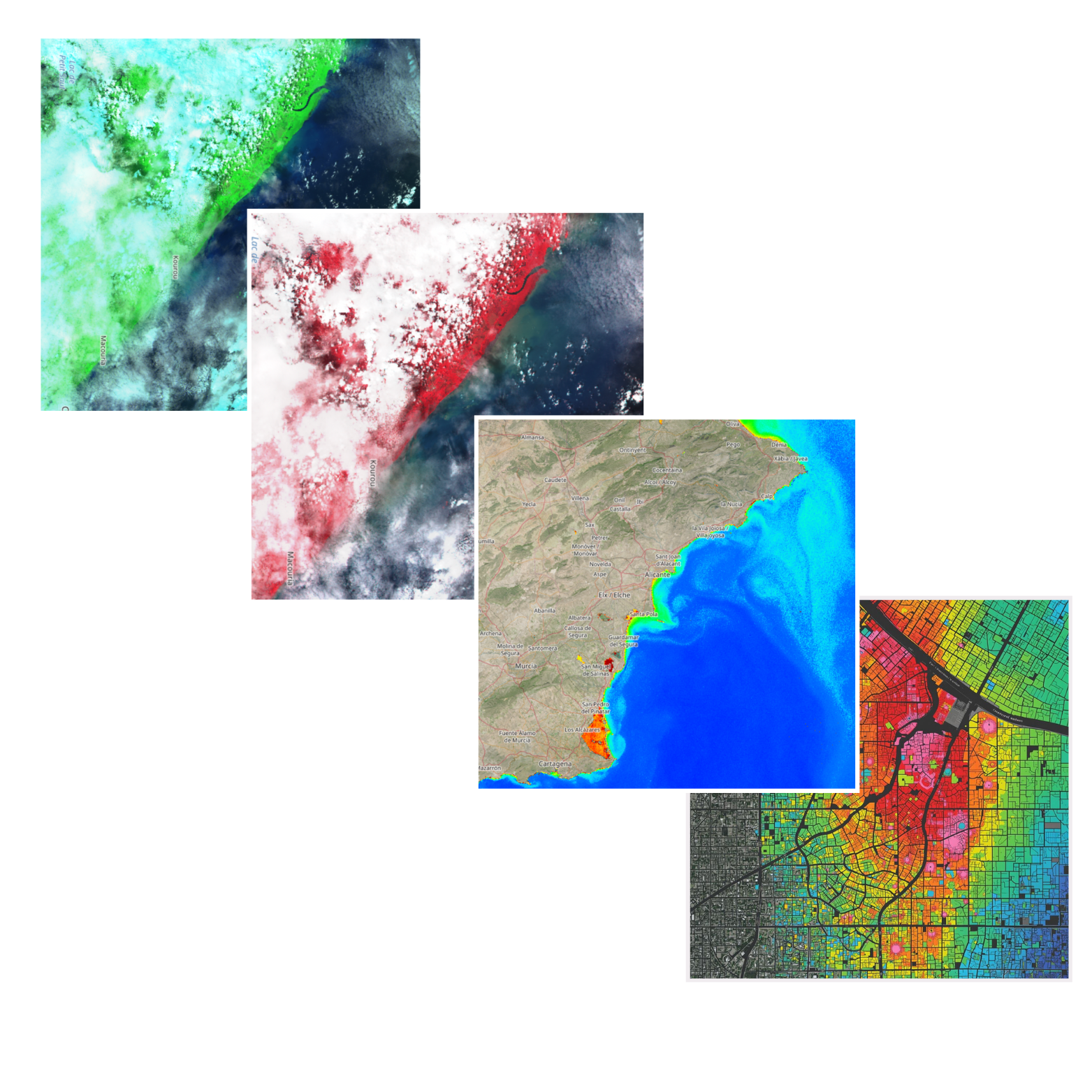 Serie de cinco mapas que muestran diferentes aspectos geográficos y de tierra, incluyendo imágenes satelitales con coloración para destacar vegetación y alteraciones por incendios, mapas de costas con información de inundaciones o mareas, y un mapa que muestra la distribución de datos demográficos o urbanos en una ciudad.
