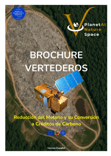 Folleto sobre tratamiento de residuos y reducción de metano con imagen de un satélite y paneles solares en un área verde.