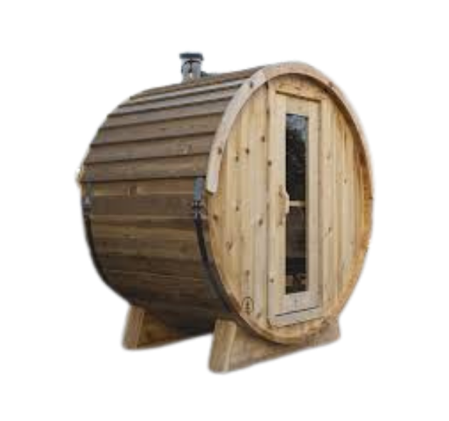 A wooden barrel-shaped outdoor sauna with a front door and a small chimney on top, supported by logs.