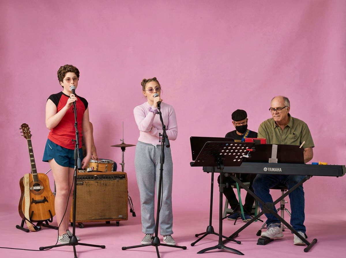 Two young women singing into microphones while two men play keyboard and drums against pink background.