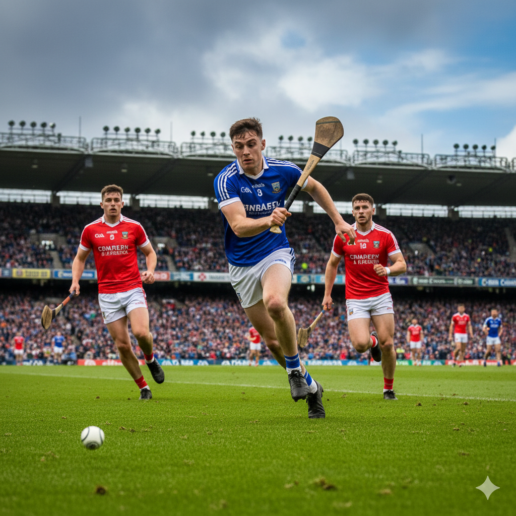 Rugby players in action during a match, with one player holding the ball and running.