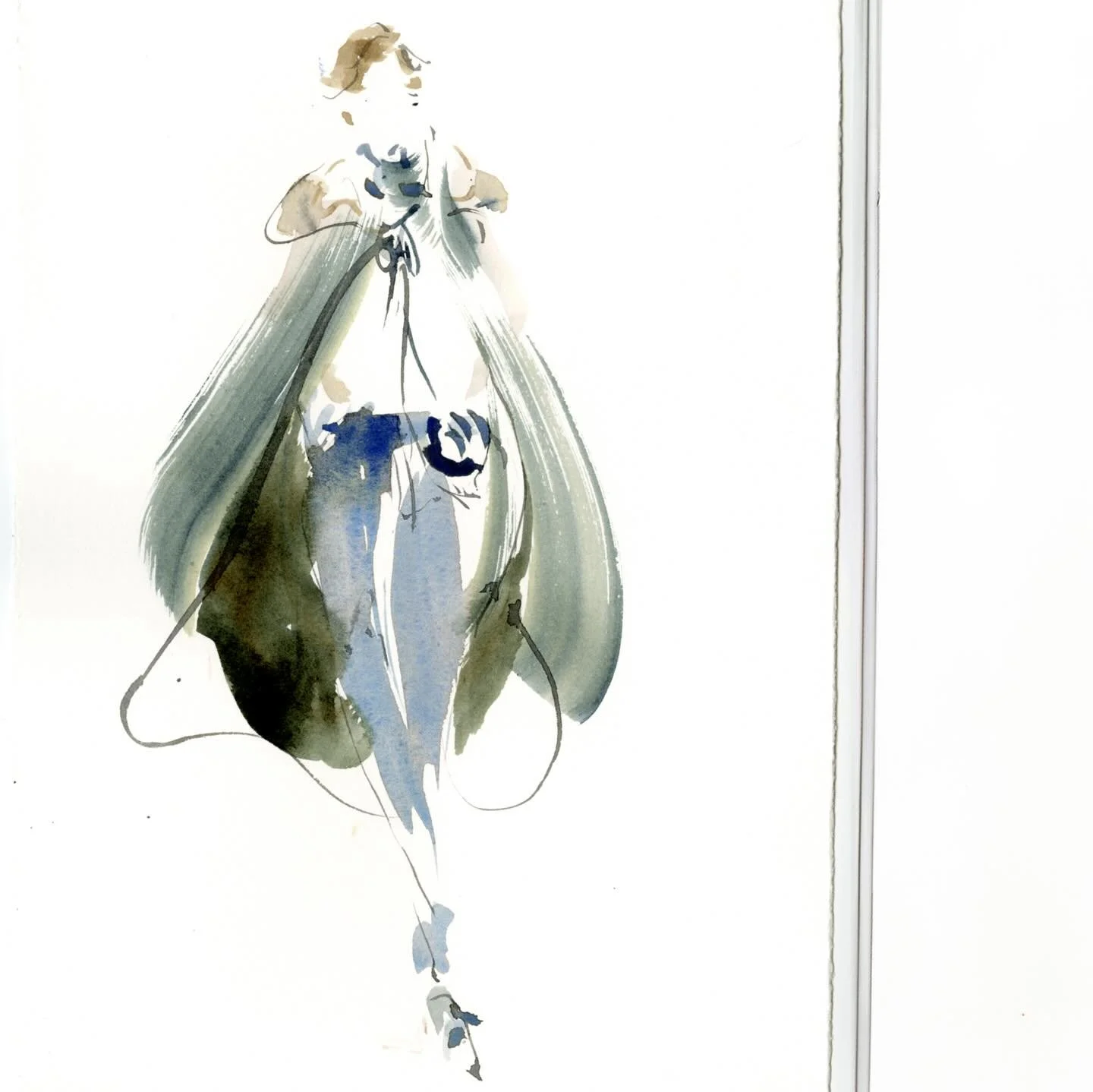 Here&rsquo;s the sketch I showed unfolding on the previous post, and a screenshot from the video I worked from. Beautiful clothing by @jonathan.anderson for @dior. #watercolor #fashionillustration #diorhomme #cape