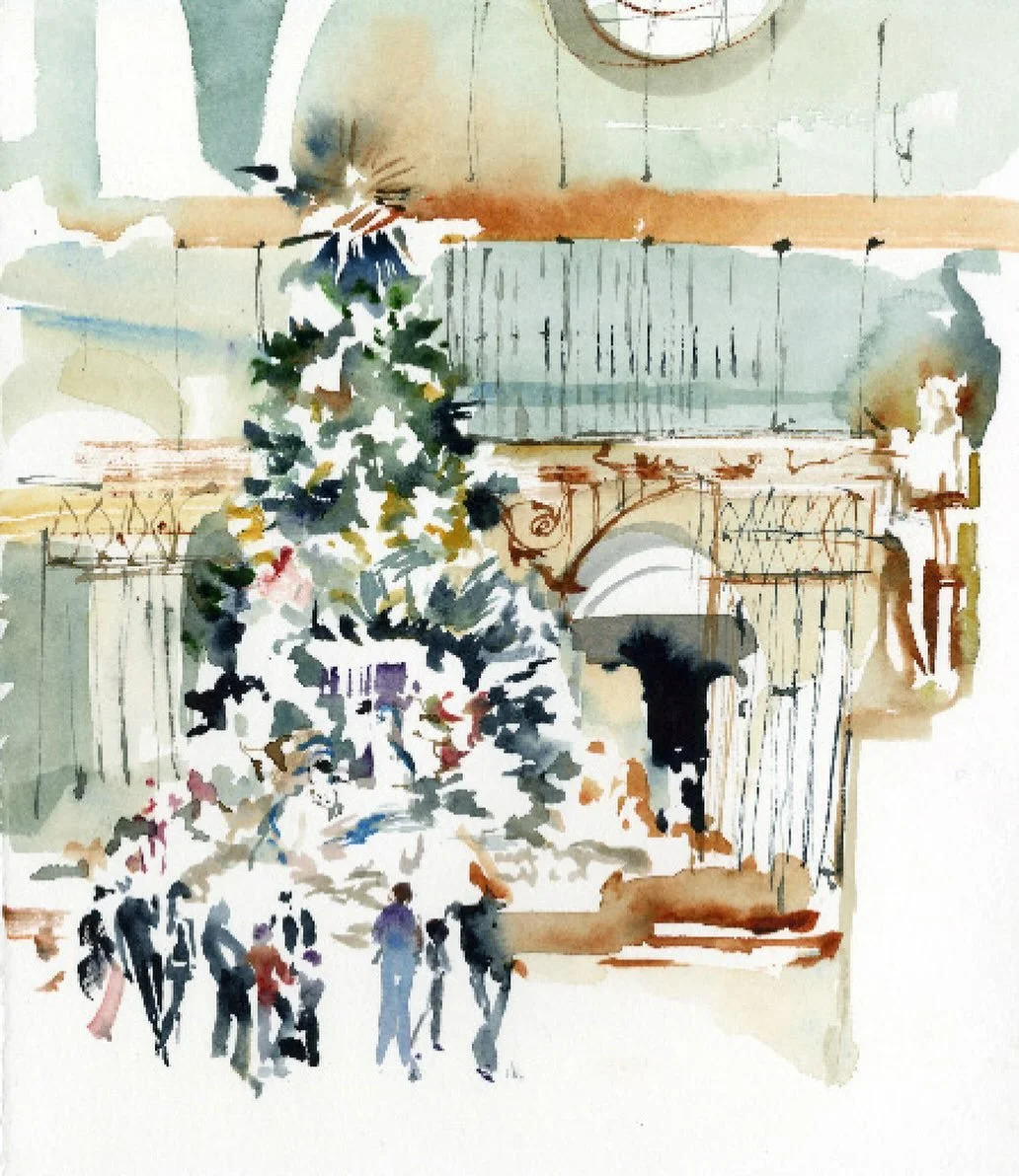 Made this watercolor of the Christmas tree at the Metropolitan Museum sitting on the floor of its Medieval Sculpture Hall. Choral music filled the space. I had just lost the most wonderful friend, Roz Gebhart. Such a vivid sense of angels all around,