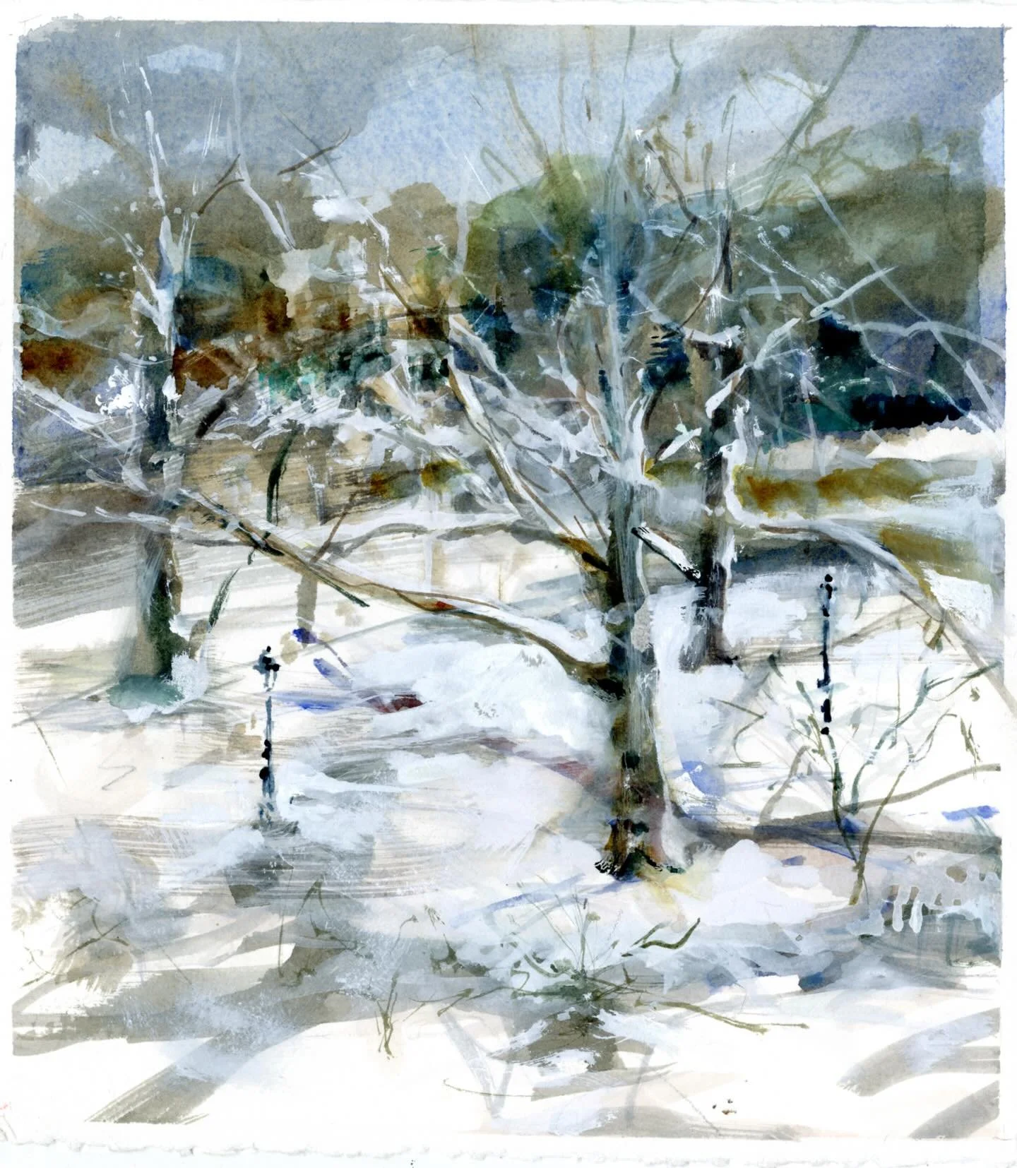 This scene from the window keeps changing like the weather.  Stopping the drift for now. More soon. #lovingthesnow #viewfrommywindow #watercolor #cityscape #riversidedrive @riversideparknyc