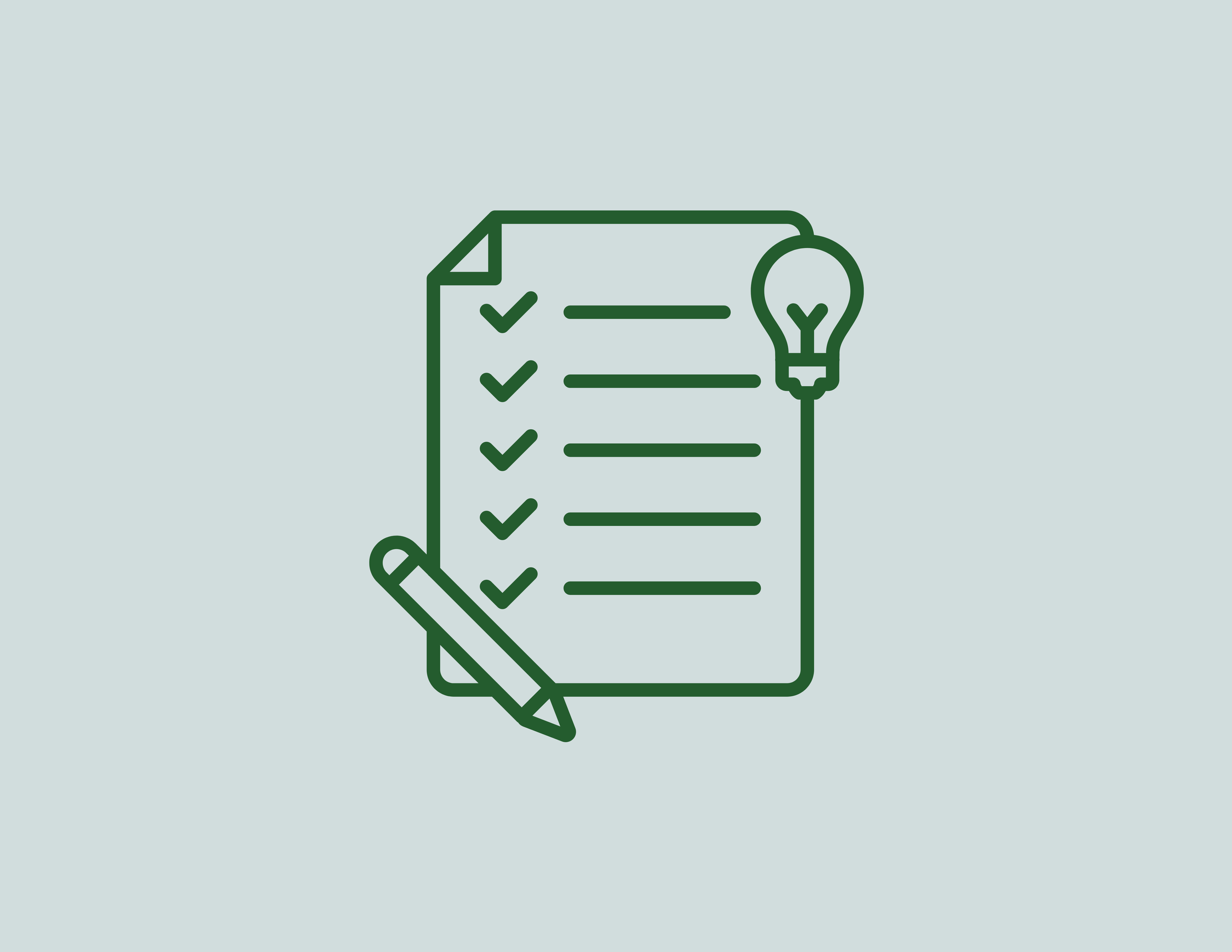 Line drawing of a checklist with a pen and a light bulb.