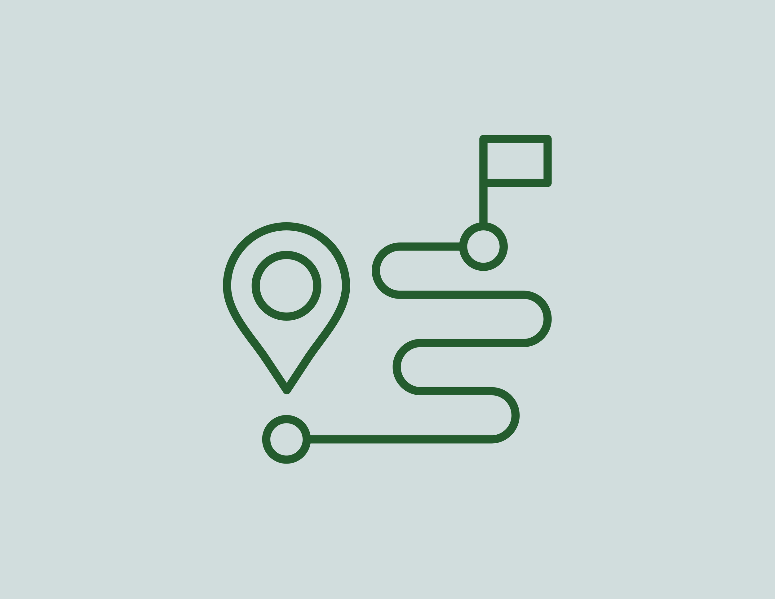 A simplified map icon with a location pin, a winding path, and a flag at the end of the trail.