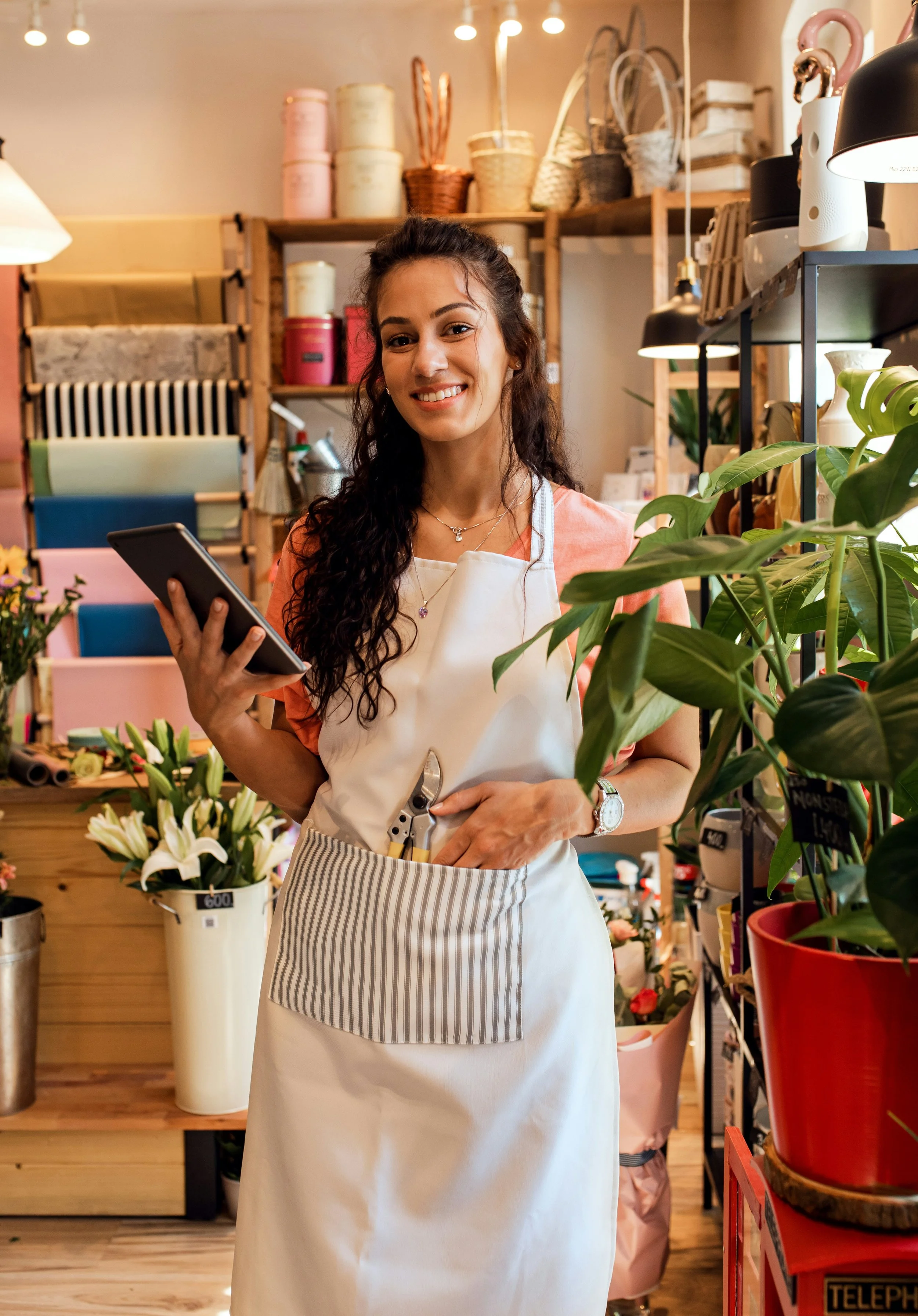 A woman in a floral shop wearing a white apron, holding a tablet in one hand and gardening tools in the pocket. She is smiling and surrounded by various potted plants and floral arrangements.
