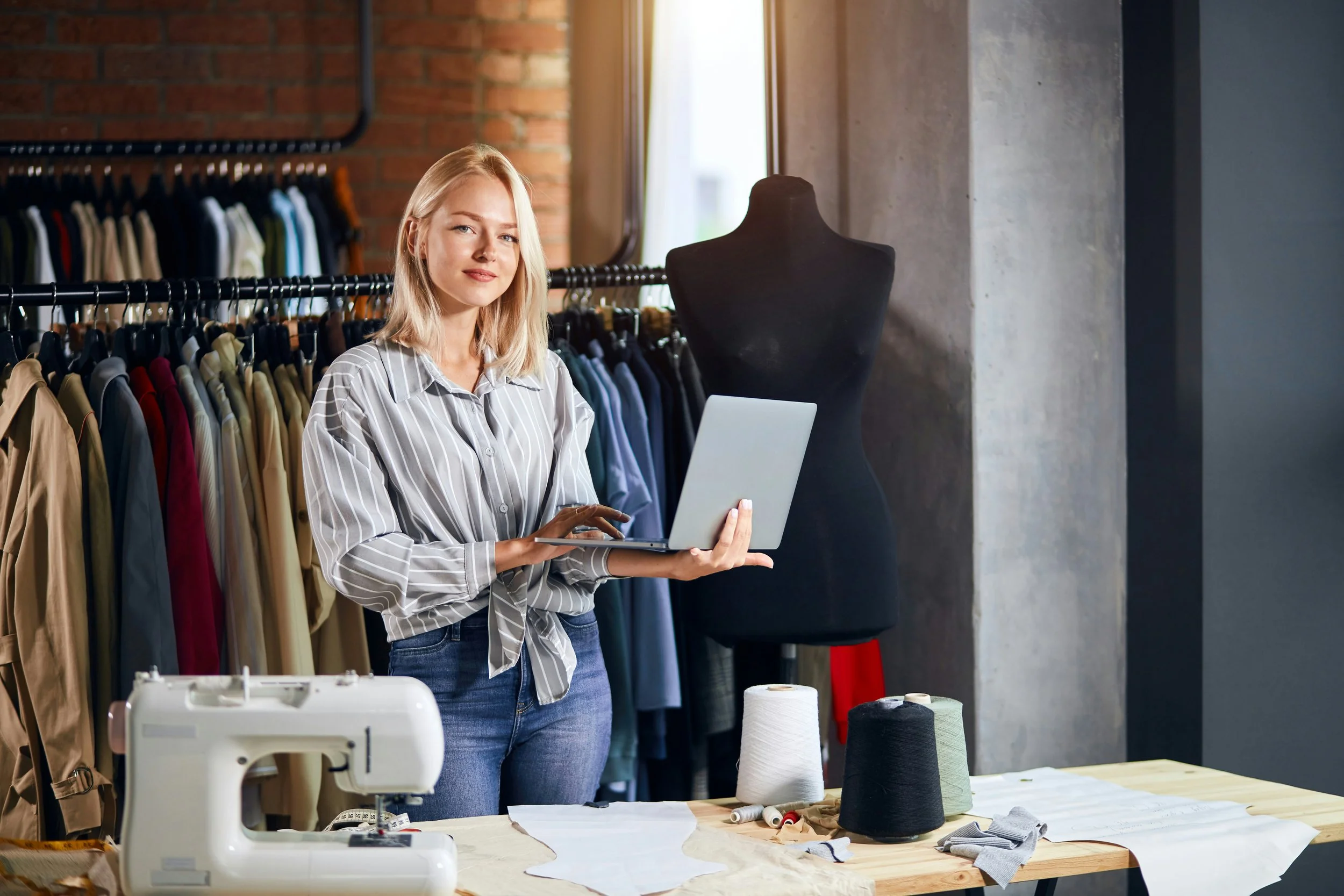 A woman standing in a clothing store, holding a laptop, with a sewing machine and fabric on a table in front of her, and racks of clothes and a mannequin in the background.