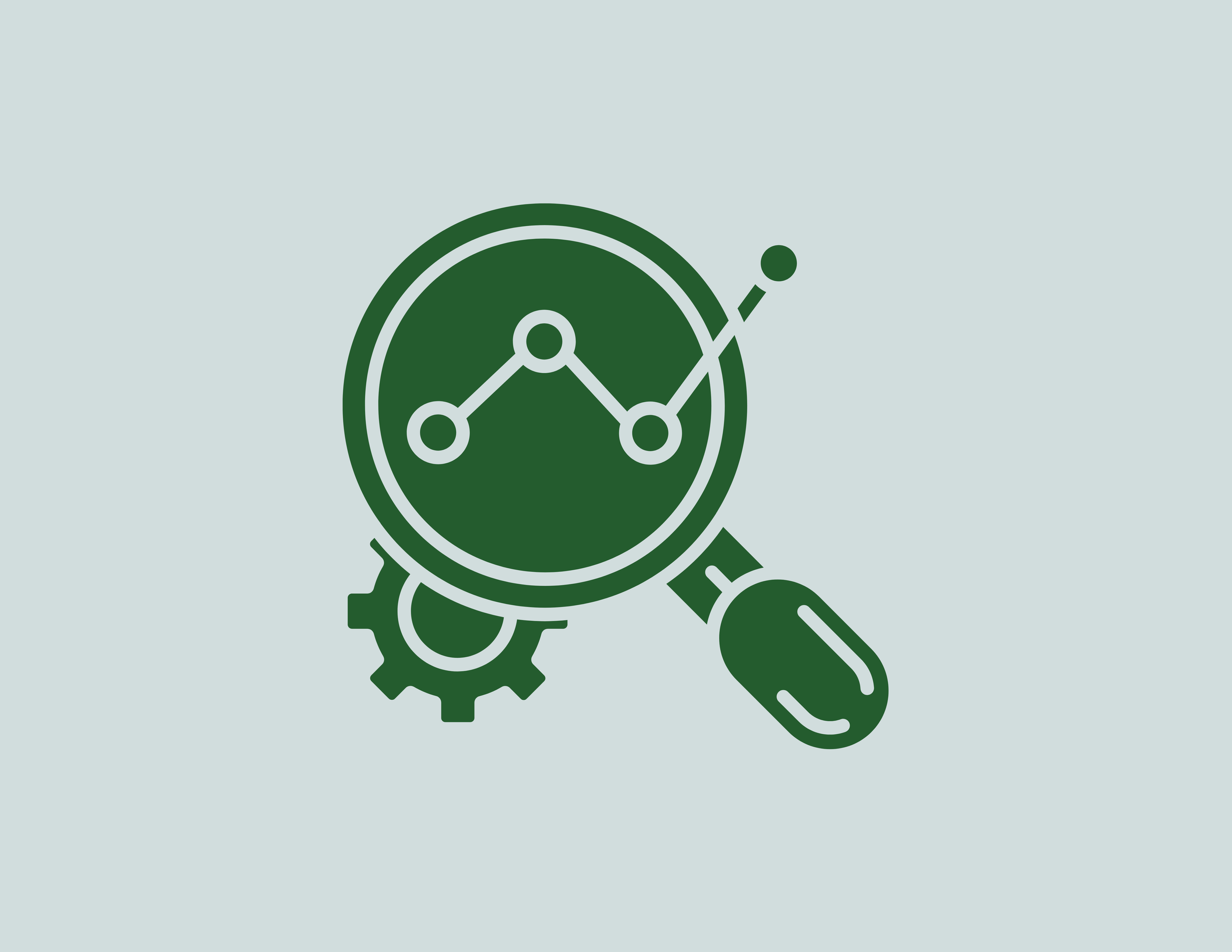 Icon of a magnifying glass with a line graph inside, a gear partially visible behind it, and a small gear at the bottom left.