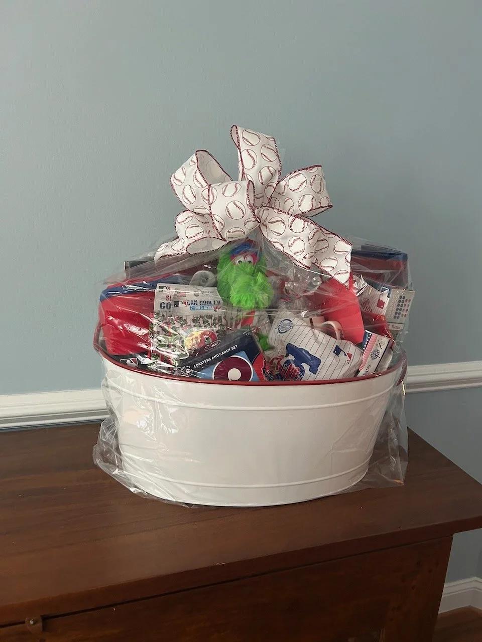Phillies Raffle Basket with Phillies Game tickets. Basket include gift cards games snacks a Phillies shirt