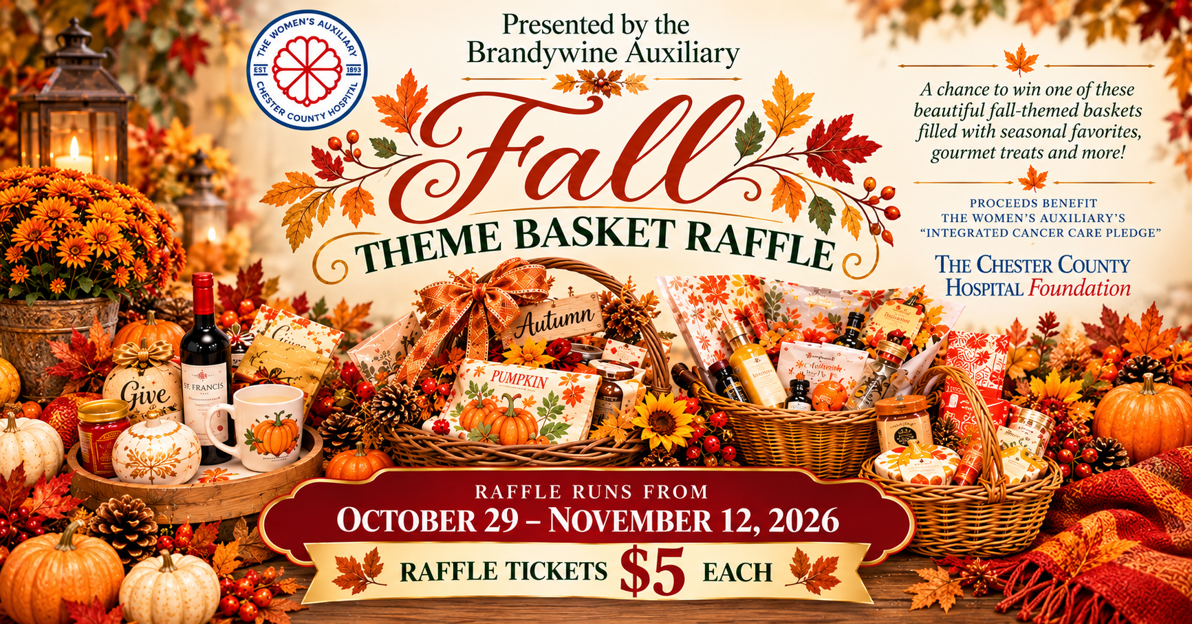 Holiday theme basket raffle flyer presented by the Brandywine Auxiliary, featuring gift baskets, raffle dates October 29–November 12, 2026, $5 tickets, and a QR code to enter.
