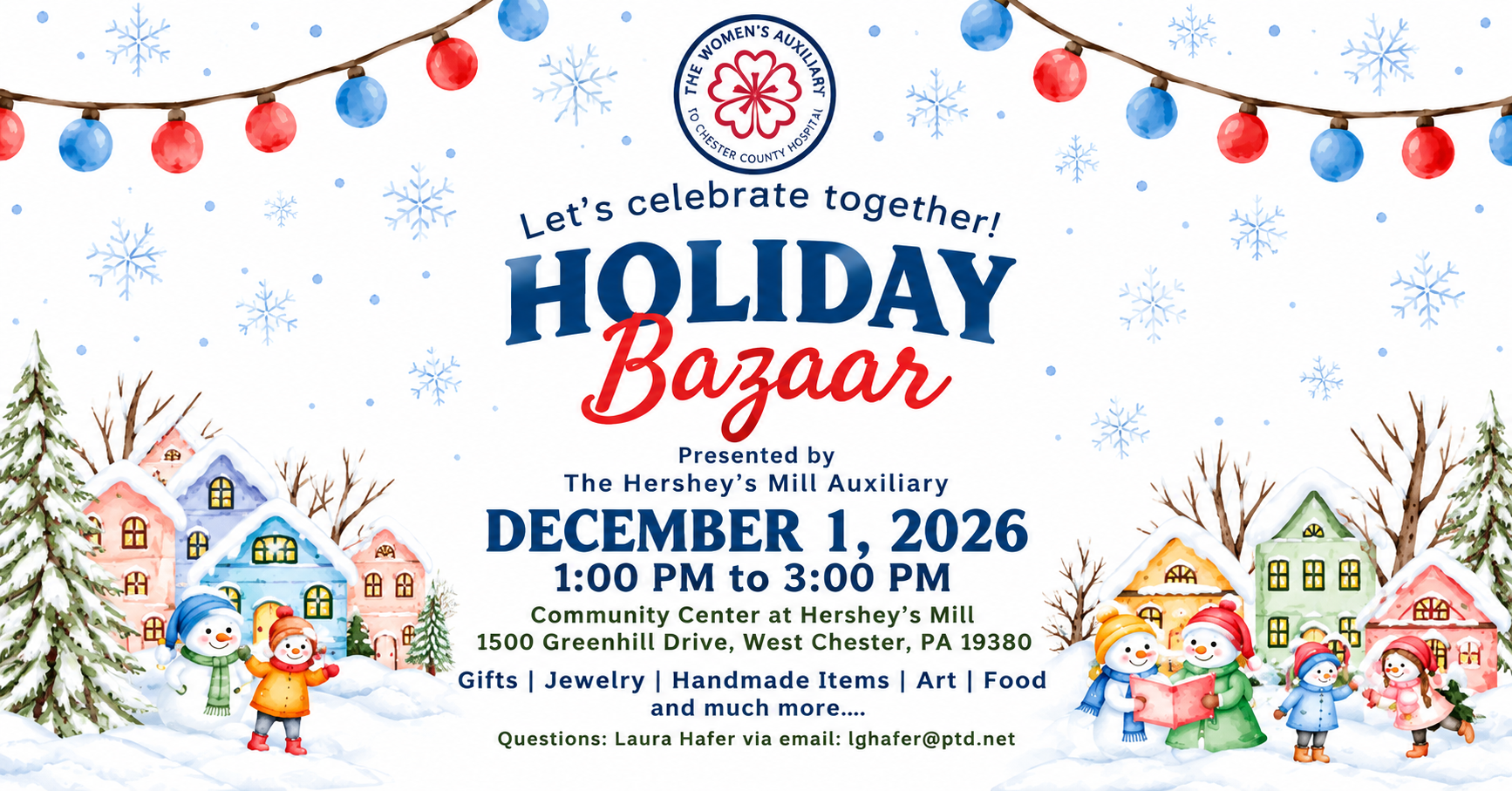 Holiday Bazaar flyer for The Hershey’s Mill Auxiliary benefiting Chester County Hospital, December 1, 2026, at the Community Center at Hershey’s Mill in West Chester, Pennsylvania