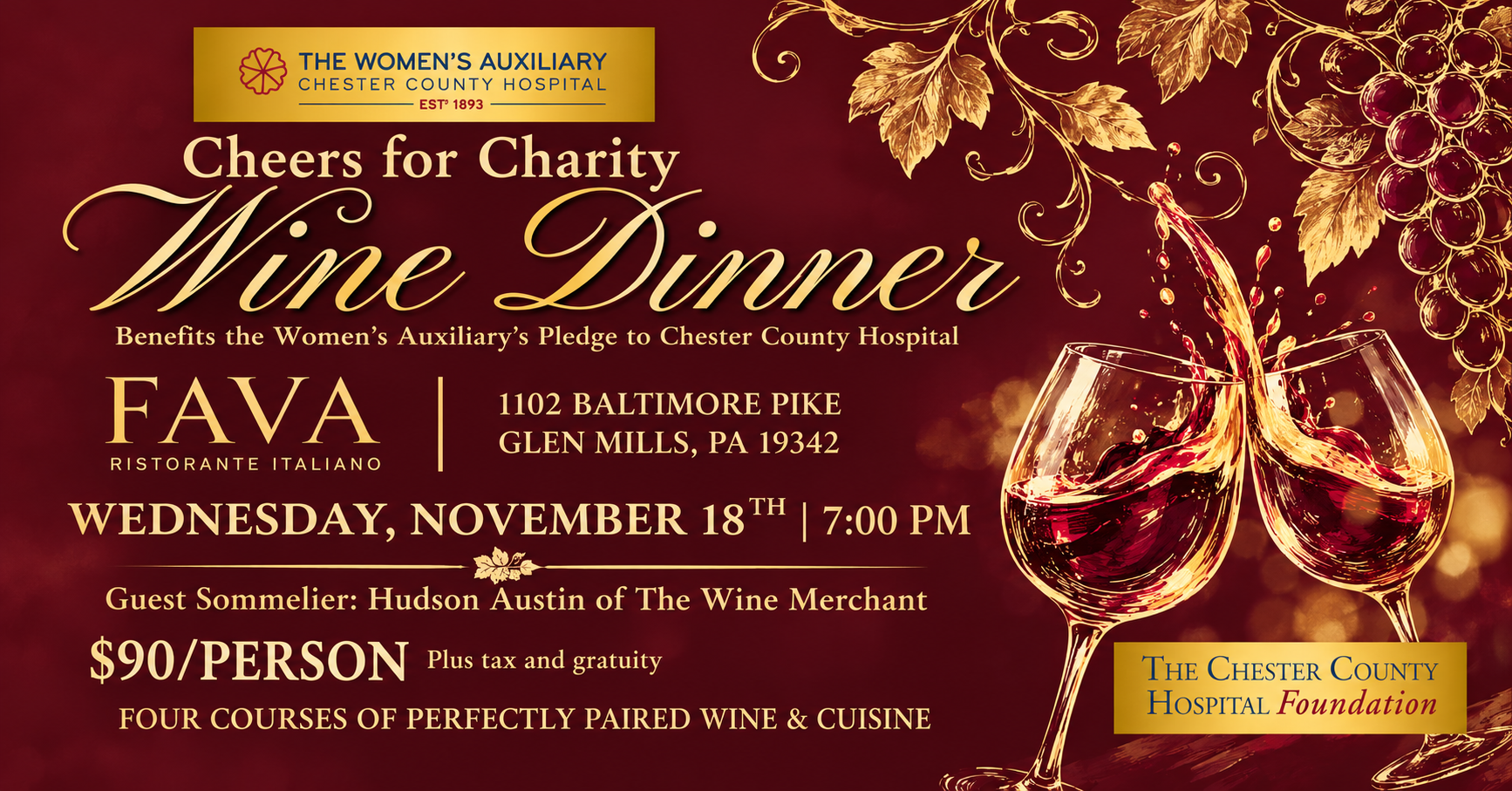 Cheers for Charity wine dinner flyer benefiting Chester County Hospital, featuring Fava Ristorante Italiano in Glen Mills, Pennsylvania, with wine glasses and grapes.