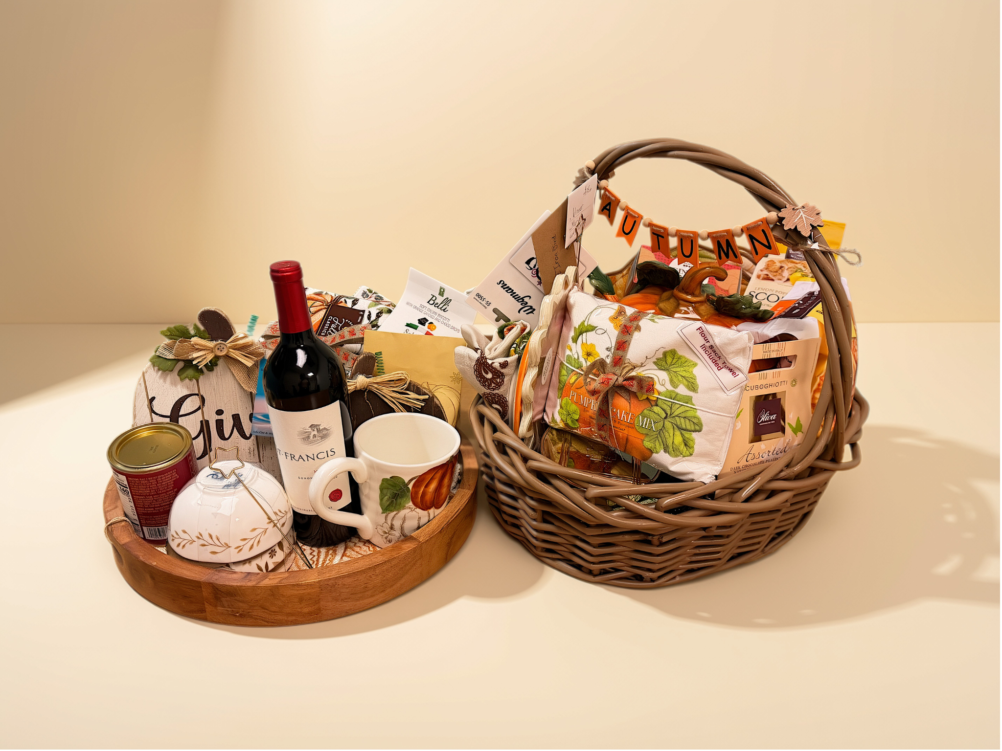 Fall wine, decor, food in basket