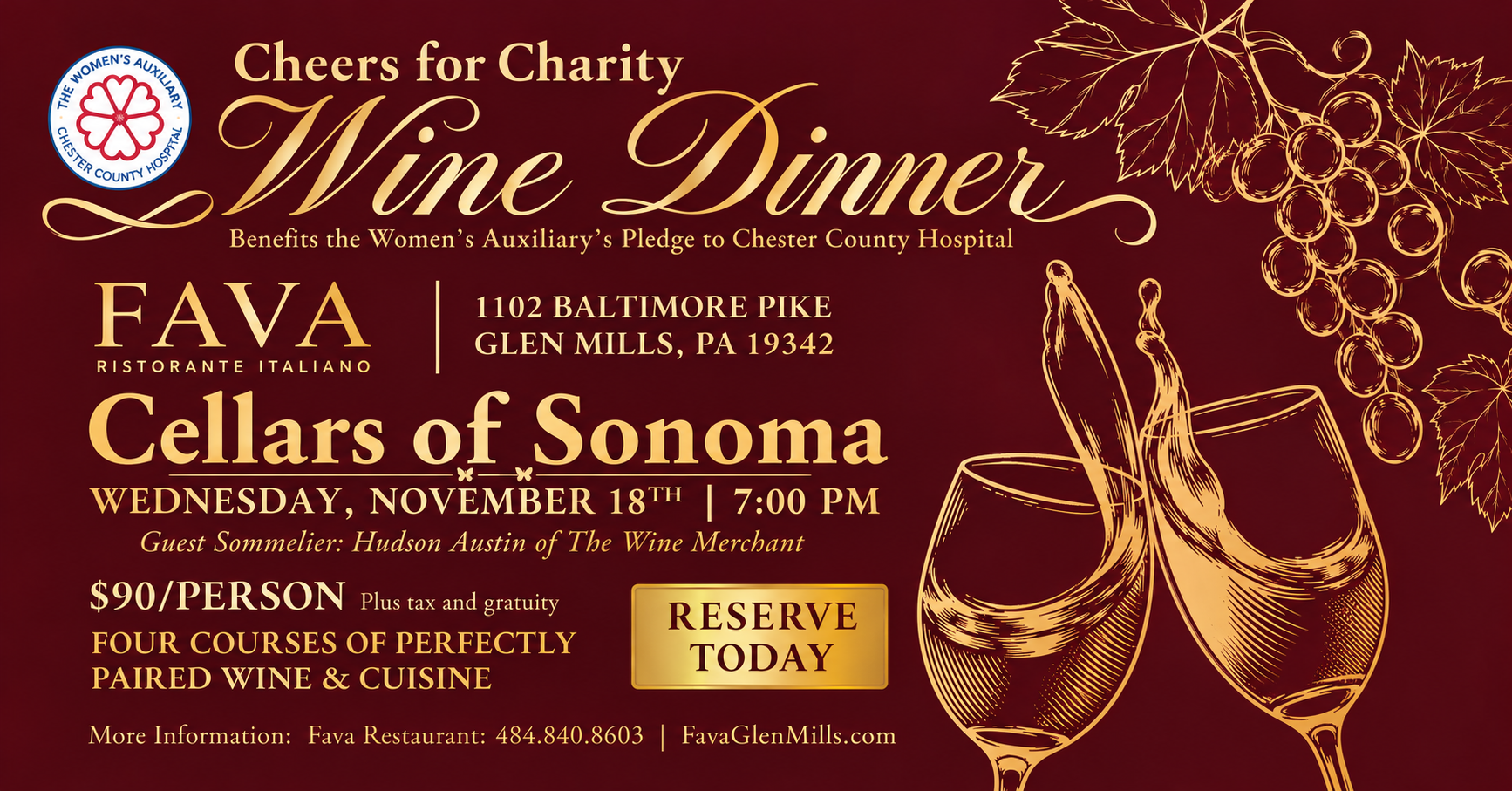 Cheers for Charity wine dinner flyer benefiting Chester County Hospital, featuring Fava Ristorante Italiano in Glen Mills, Pennsylvania, with wine glasses and grapes.