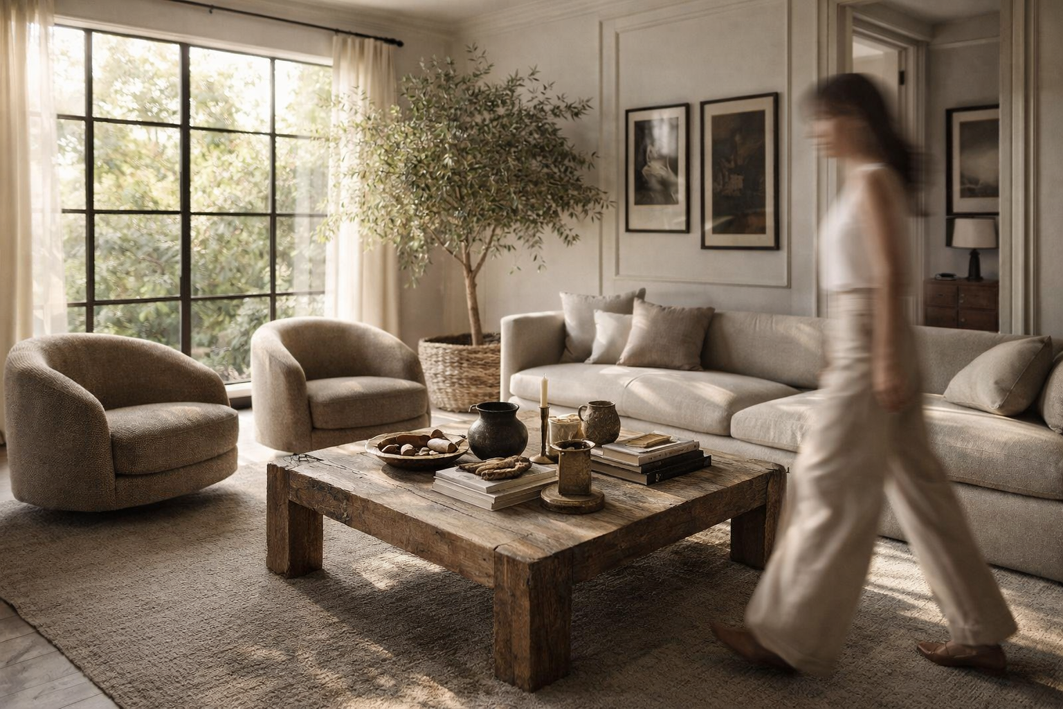 Living room with beige sofa, two matching armchairs, a rustic coffee table with books and decorative items, large window with curtains, potted plant, and a woman walking past.
