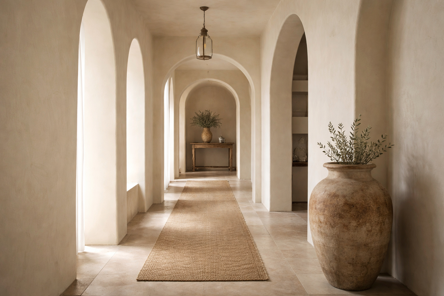 A sunlit hallway with arched doorways, beige walls, a woven runner rug, and large decorative vases with green plants.