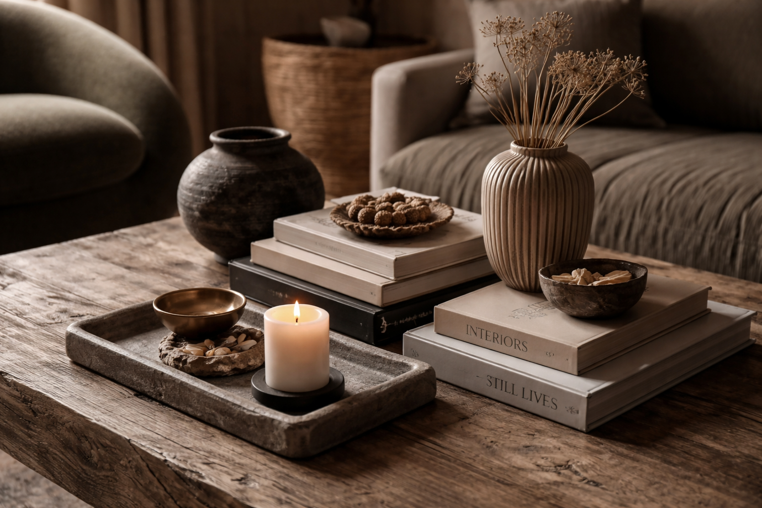 A rustic wooden coffee table holding a lit candle, a small bowl with shells, a decorative tray, and several books, with brown and beige vases and dried flowers in the background.