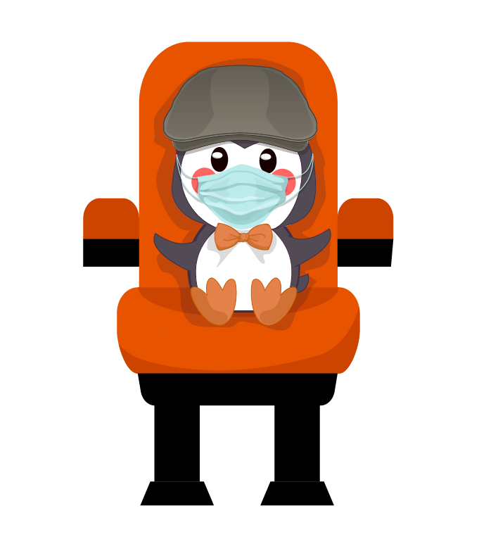 Penguin, masked, sitting in a theatre chair