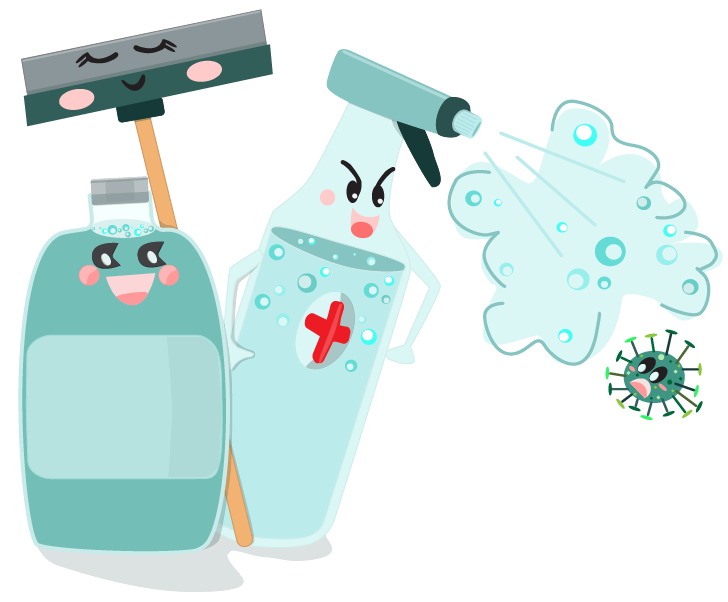 Cartoon cleaning products attacking a cartoon COVID-19 particle