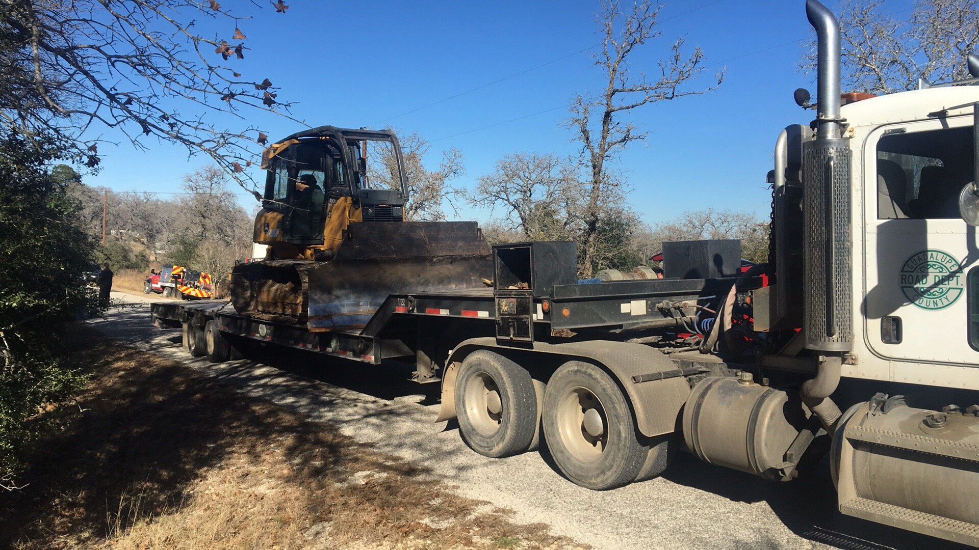 Guadalupe County R&B Dozer arriving on scene at a large brush fire.