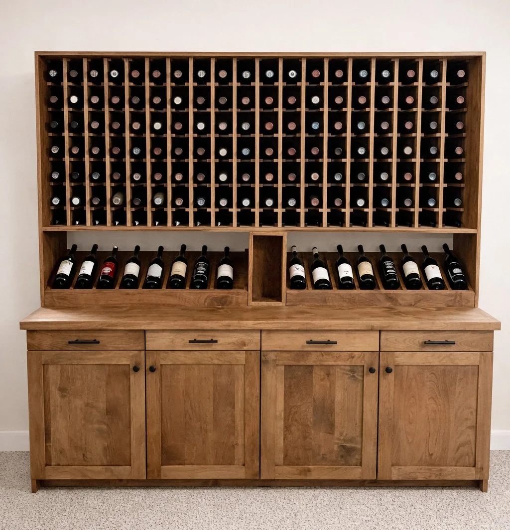 Custom built-in cabinetry featuring integrated wine storage and solid wood base cabinets