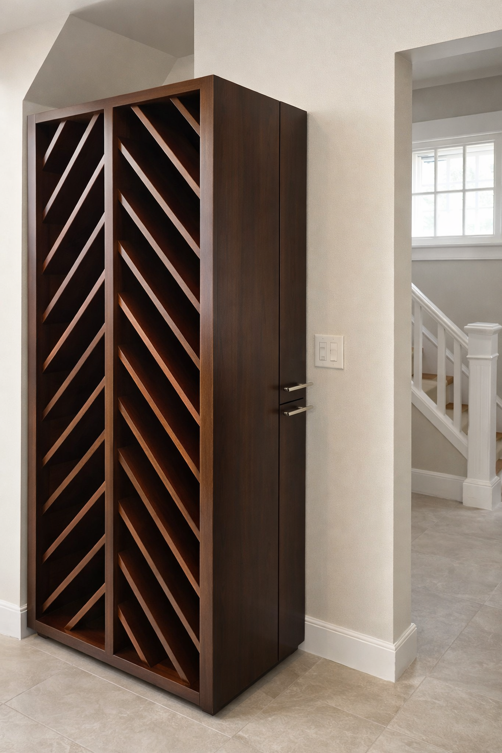 Custom cabinetry featuring integrated vertical wine rack and concealed storage