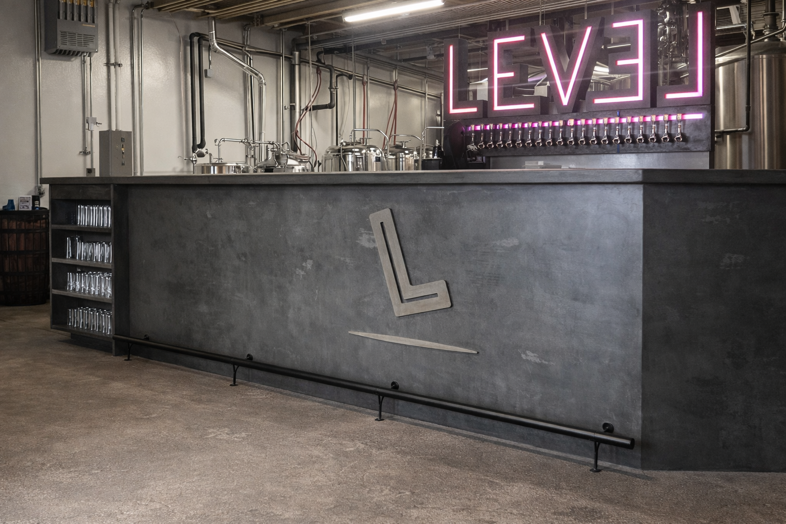 Custom brewery tasting room bar installation at LEVEL Brewery in Portland, Oregon