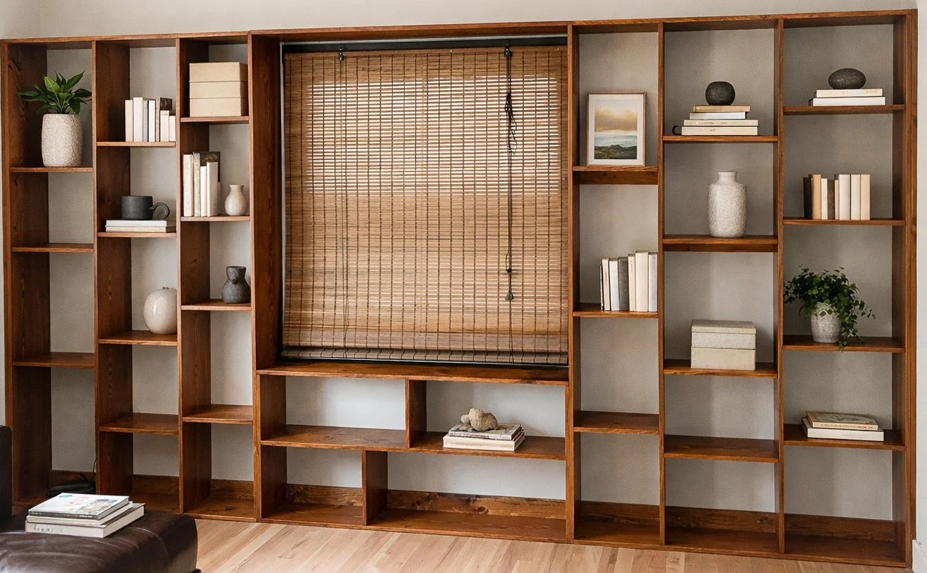 Custom built-in cabinetry and shelving integrated around window in Oregon residence