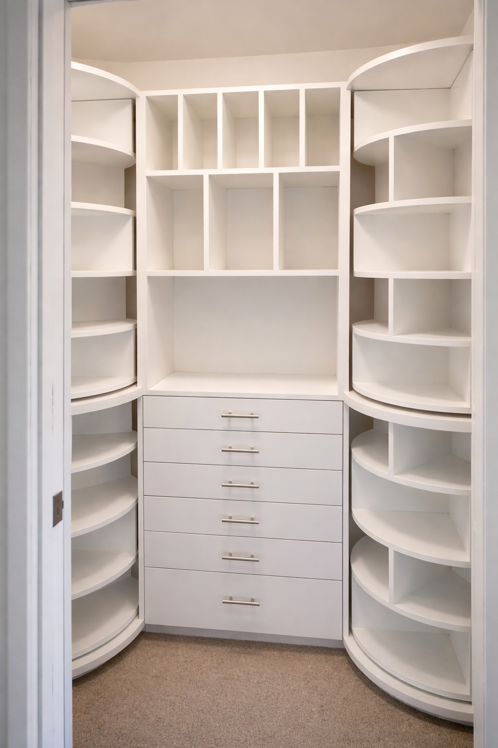 Custom closet built-in cabinetry with curved shelving in Oregon residence